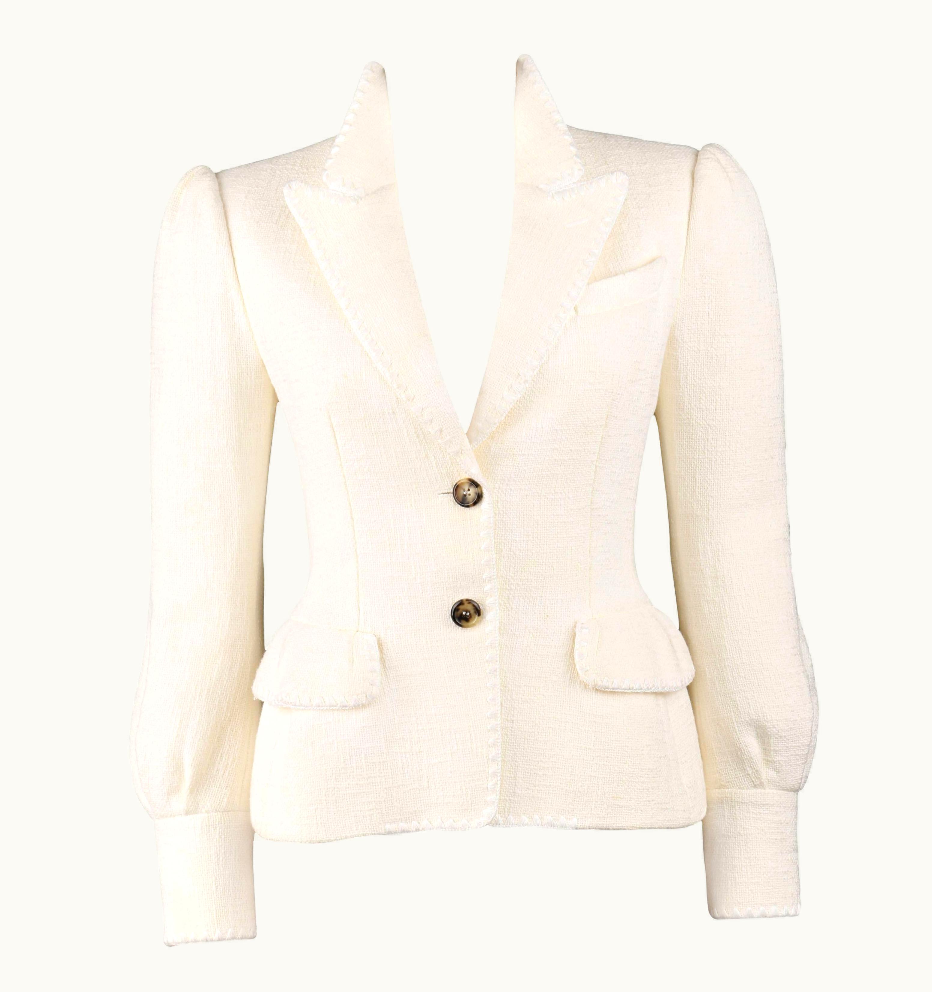 Saint Laurent Yves Saint Laurent AW 2005 YSL Off White Tweed Peak Lapel Collar Blazer Jacket