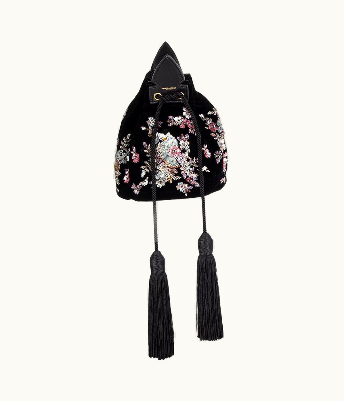 Saint Laurent Saint Laurent Black Embellished Velvet Anja Bucket Shoulder Bag