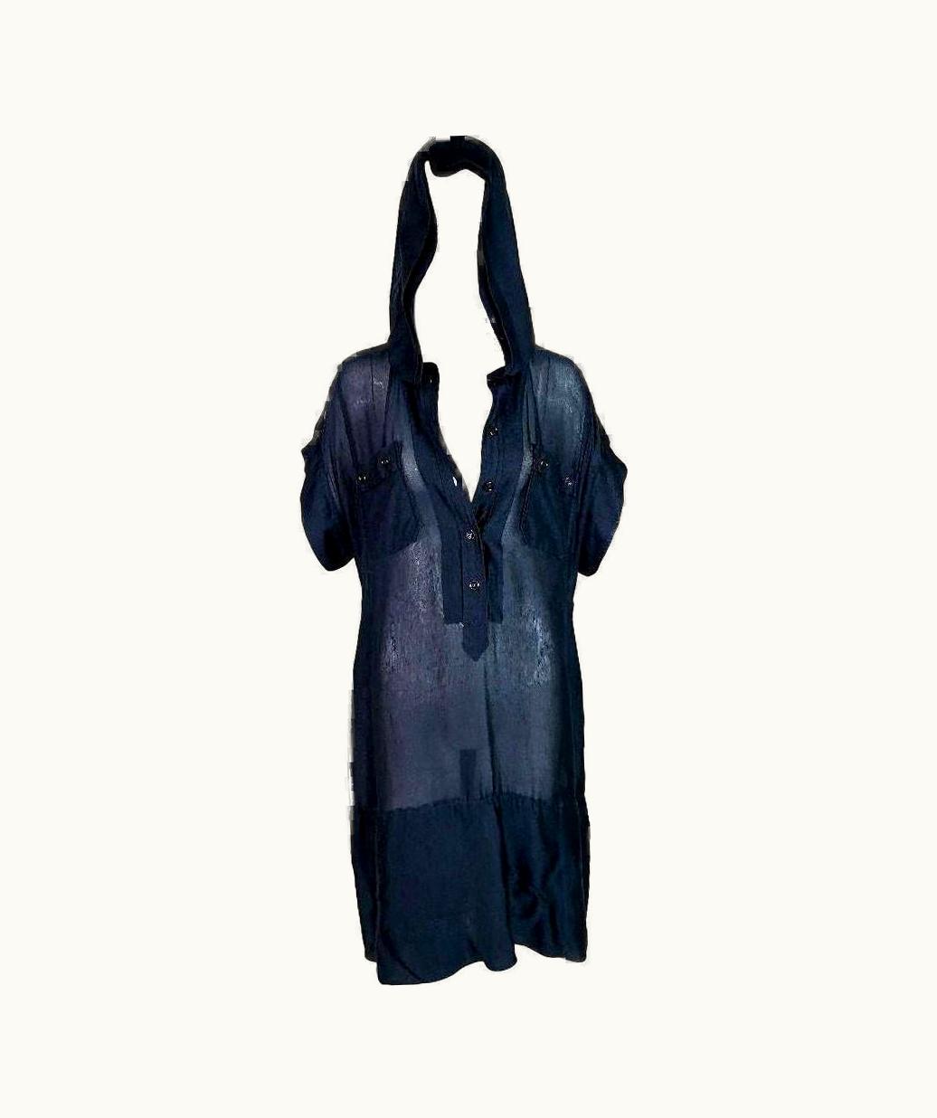 Saint Laurent 2007 Yve Saint Laurent Sheer Navy Blue Silk 2 Hooded & Slip Dress Set