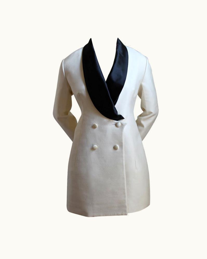 Saint Laurent Yves Saint Laurent Ivory Wool Tuxedo Dress With Black Silk