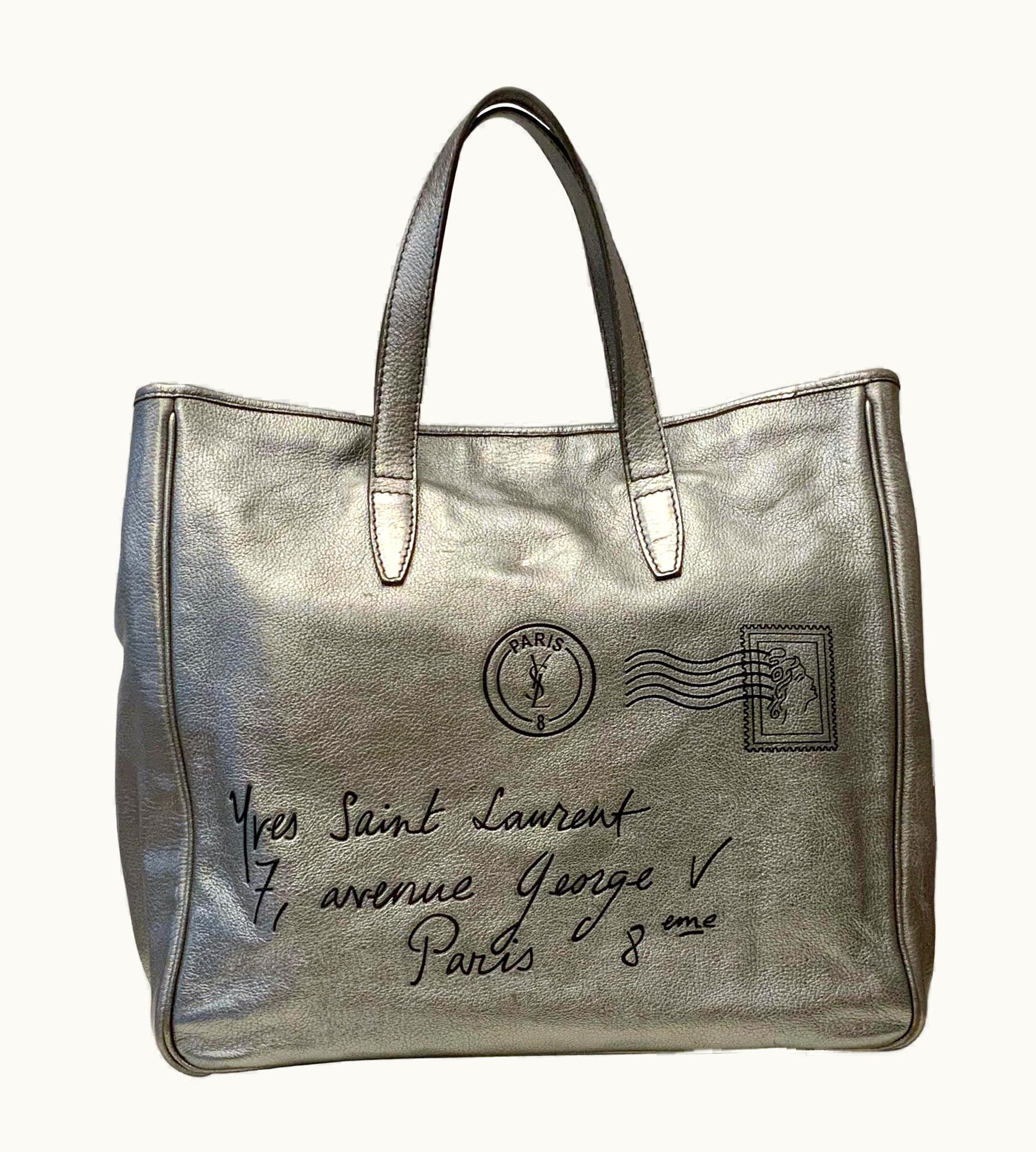 Saint Laurent Yves Saint Laurent Large Y Mail Silver Metallic Tote Bag