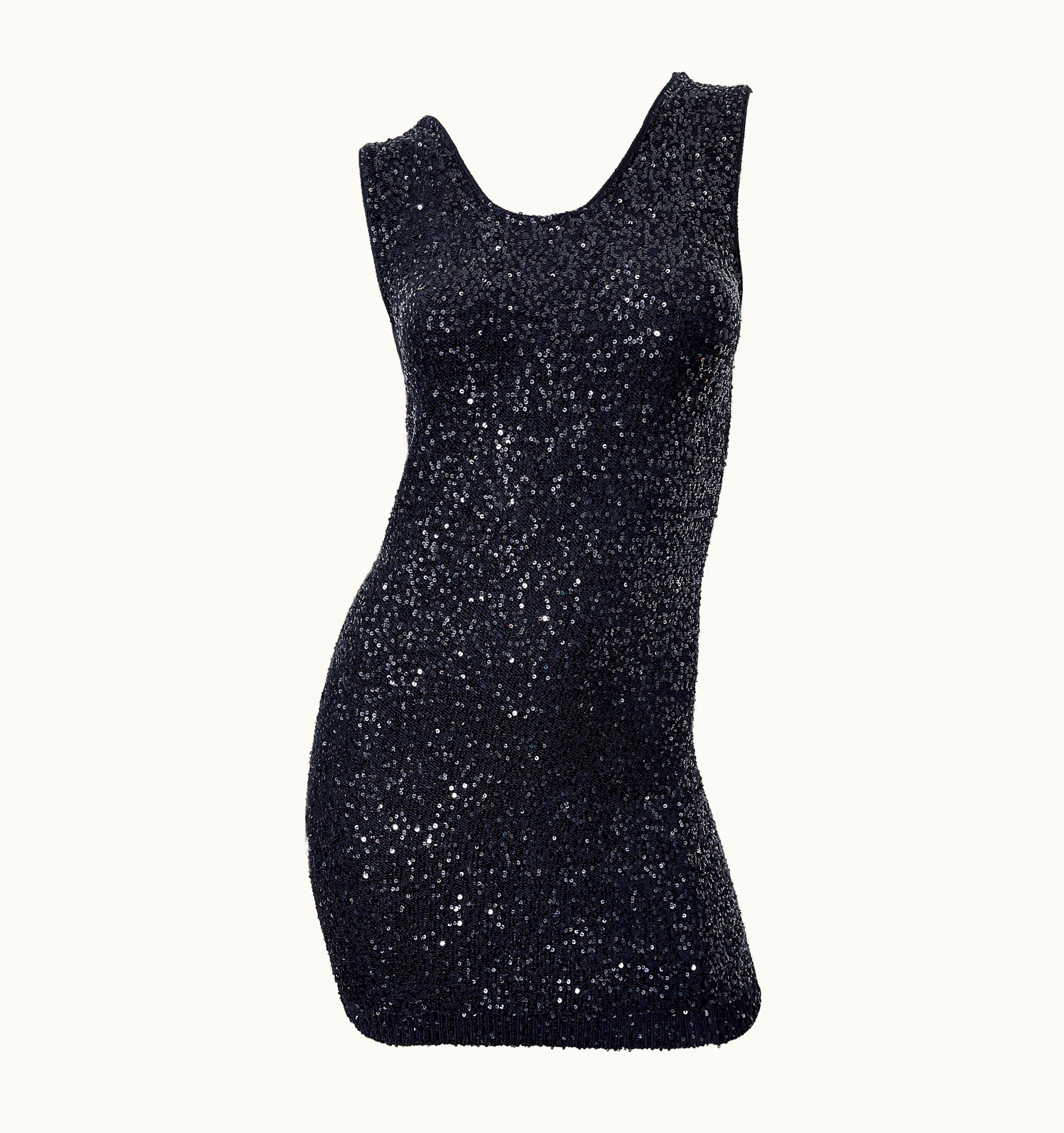 Saint Laurent Yves Saint Laurent 2008 Black Sequin Plunging Back YSL Mini Dress