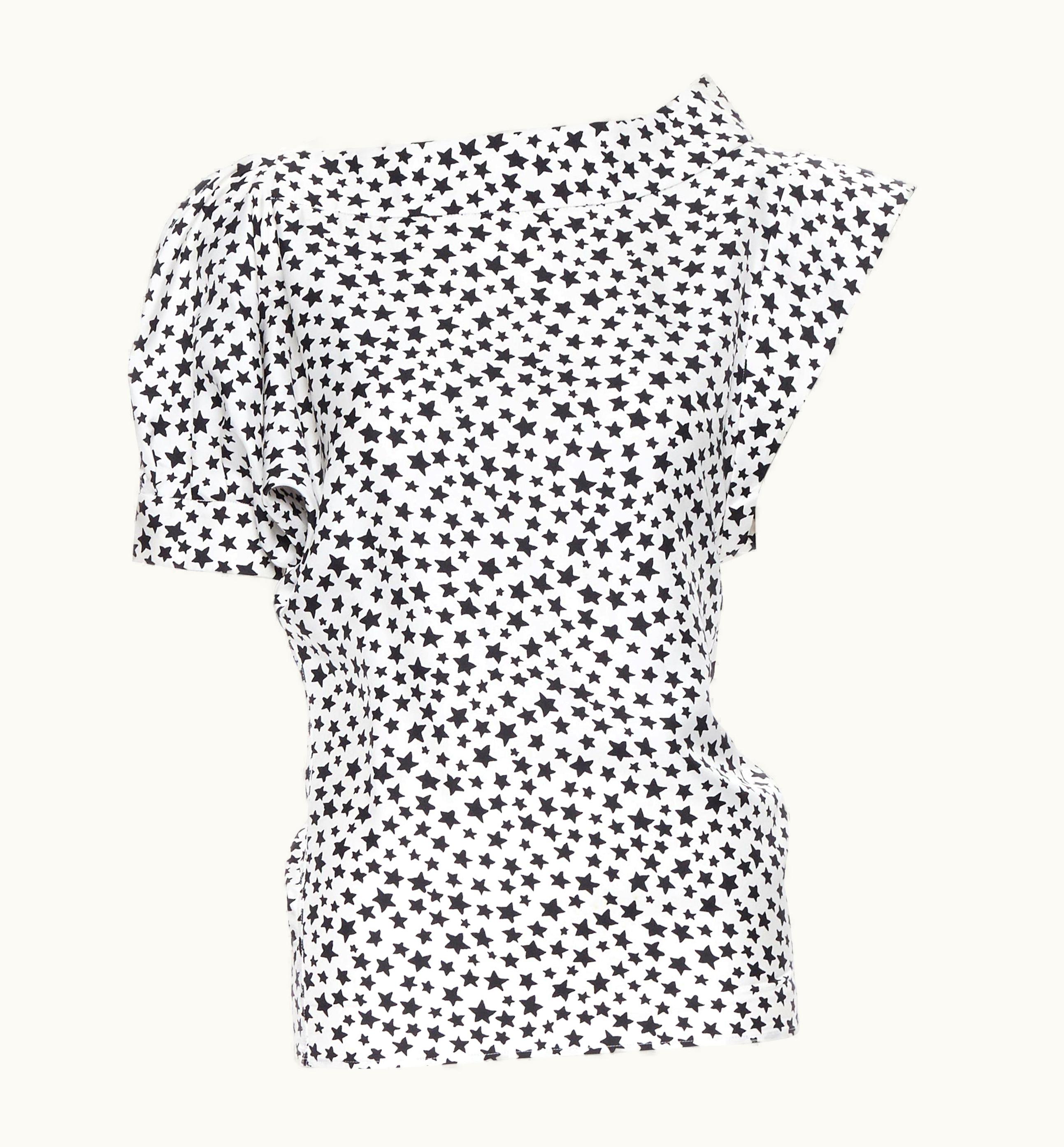Saint Laurent Yves Saint Laurent 2008 White Black Star Print Asymmetric Sleeve Top
