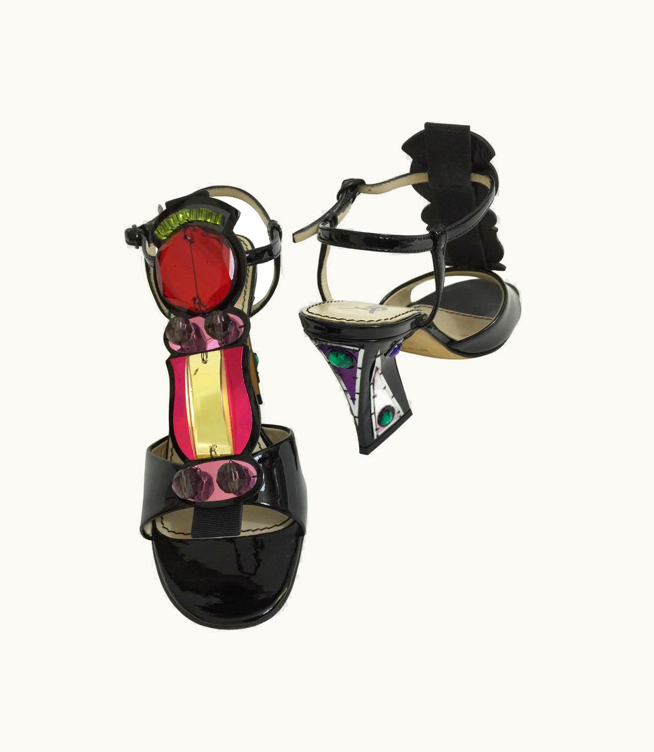 Saint Laurent Yves Saint Laurent Patent Leather And Jewel T- Strap Heel Sandals Shoes