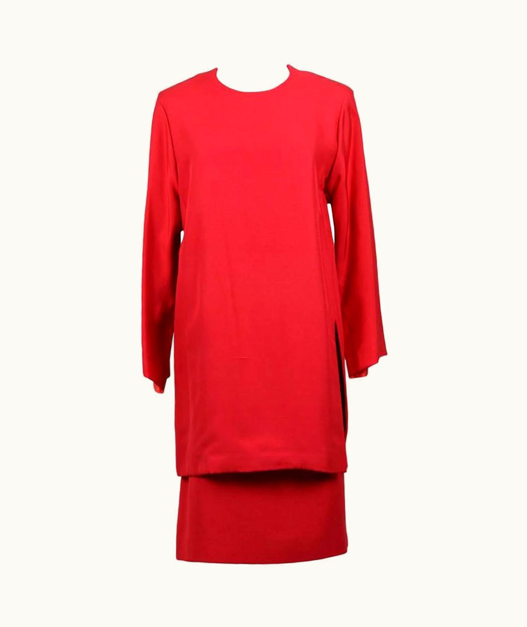 Saint Laurent Yves Saint Laurent YSL Numbered Haute Couture Red Silk Tunic/Skirt Ensemble