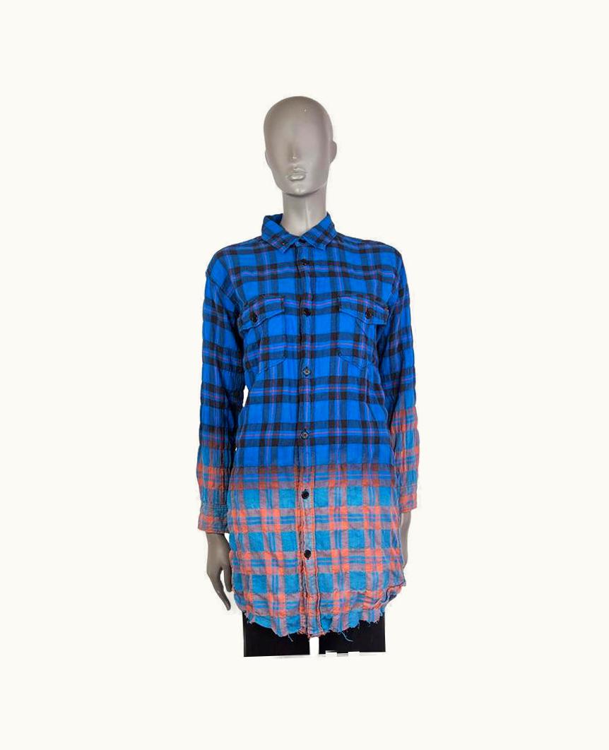 Saint Laurent Saint Laurent Blue Cotton Gradient Plaid Long Button Up Shirt