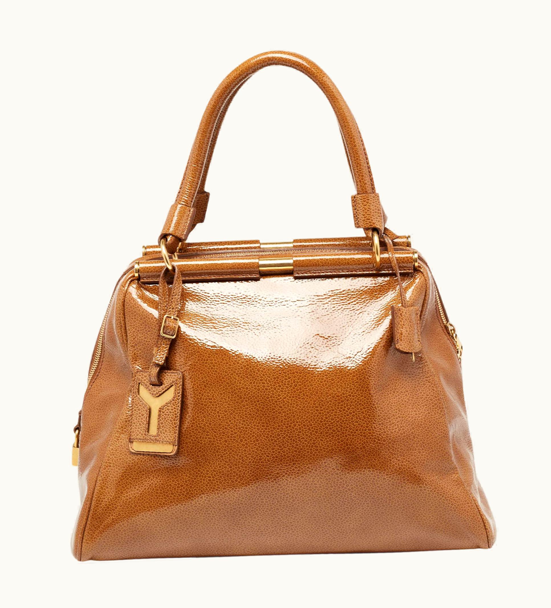 Saint Laurent Yves Saint Laurent Brown Pebbled Patent Leather Majorelle Satchel