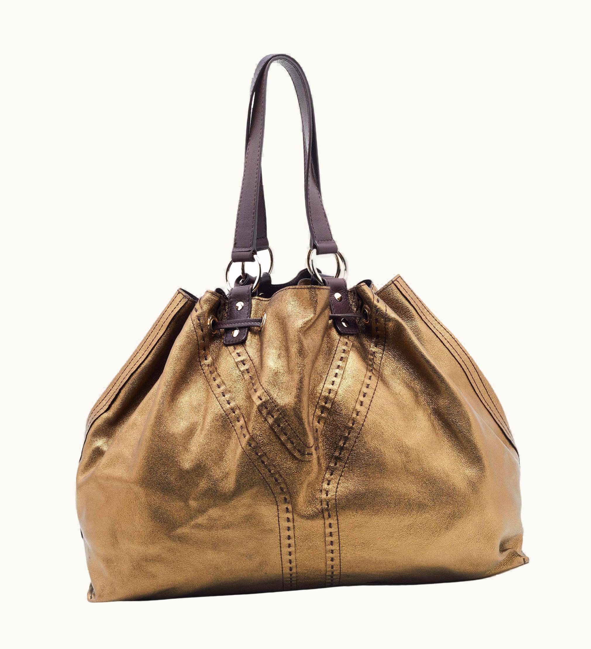 Saint Laurent Yves Saint Laurent Pale Gold/Brown Leather Double Sac Y Tote