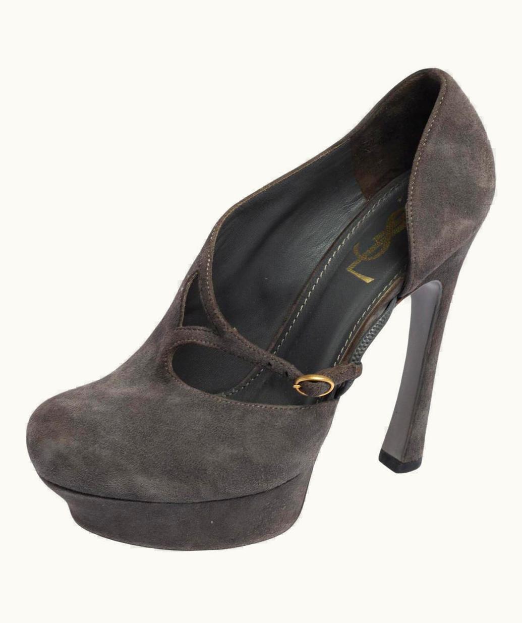 Saint Laurent Yves Saint Laurent Grey Suede Side Buckle Platform Pumps