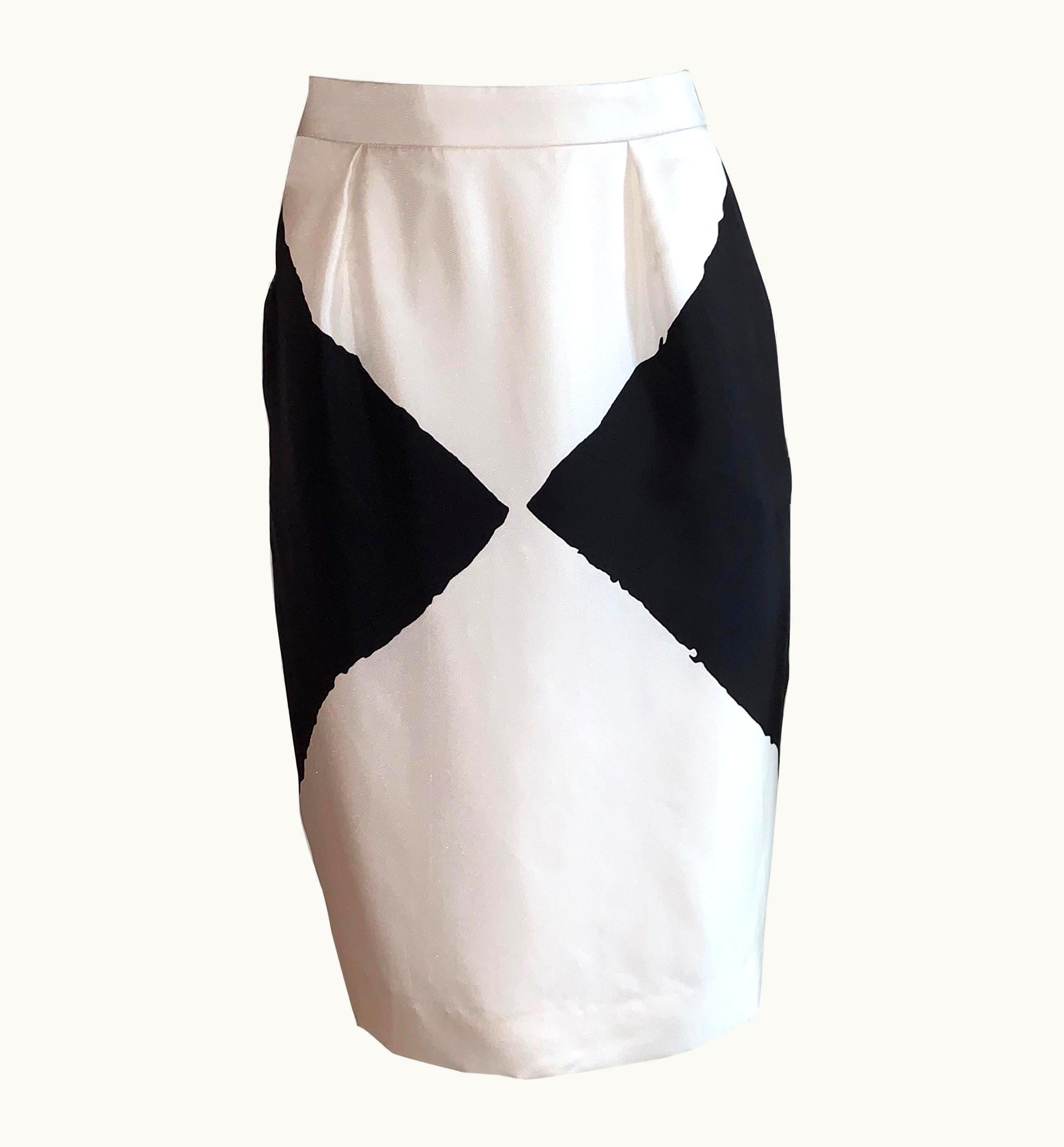 Saint Laurent Yves Saint Laurent Black And White Geometric Print Silk Pencil Skirt YSL