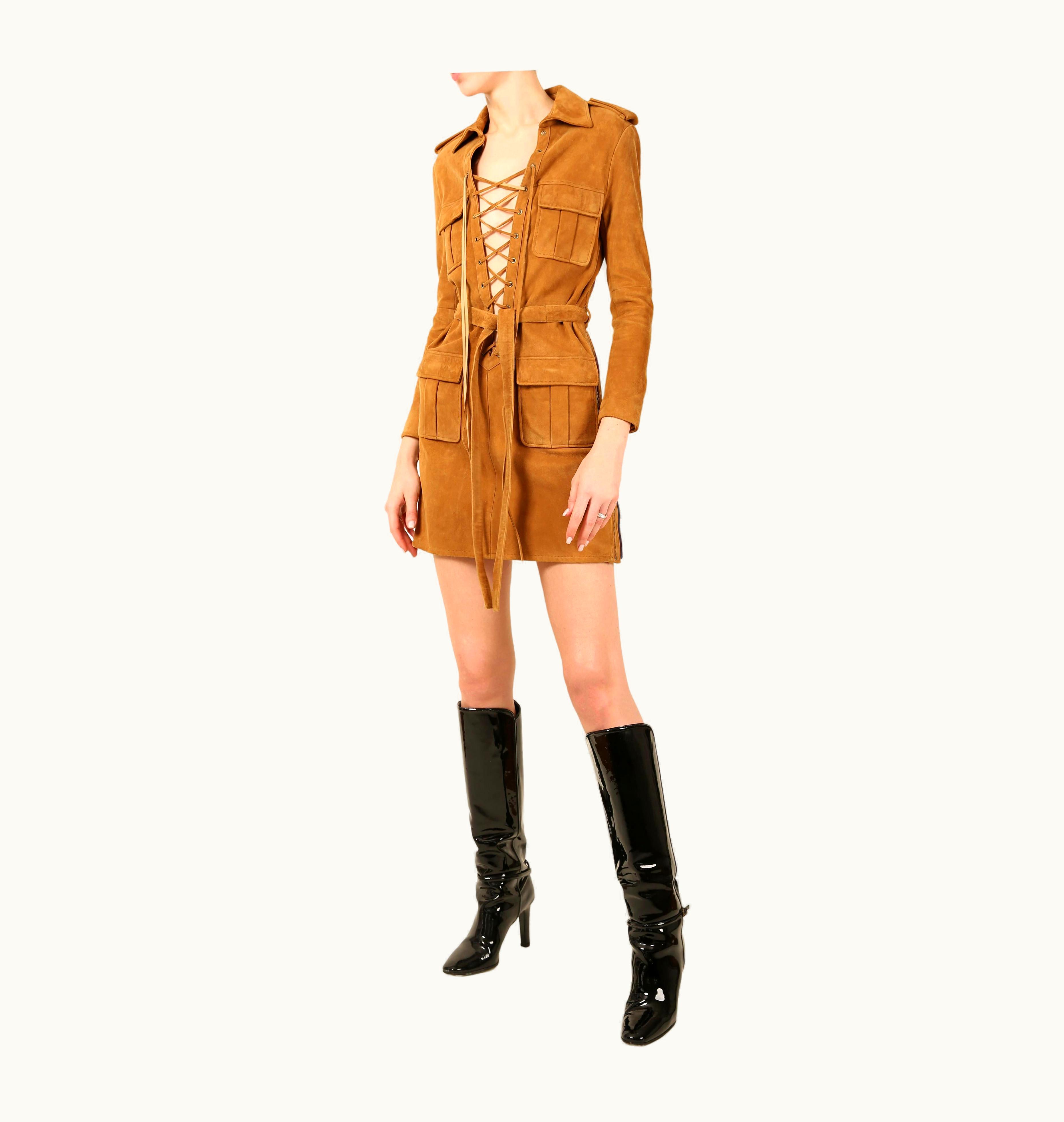 Saint Laurent Saint Laurent S/S 13 Tan Suede Leather Safari Style Lace Up Belted Mini Dress