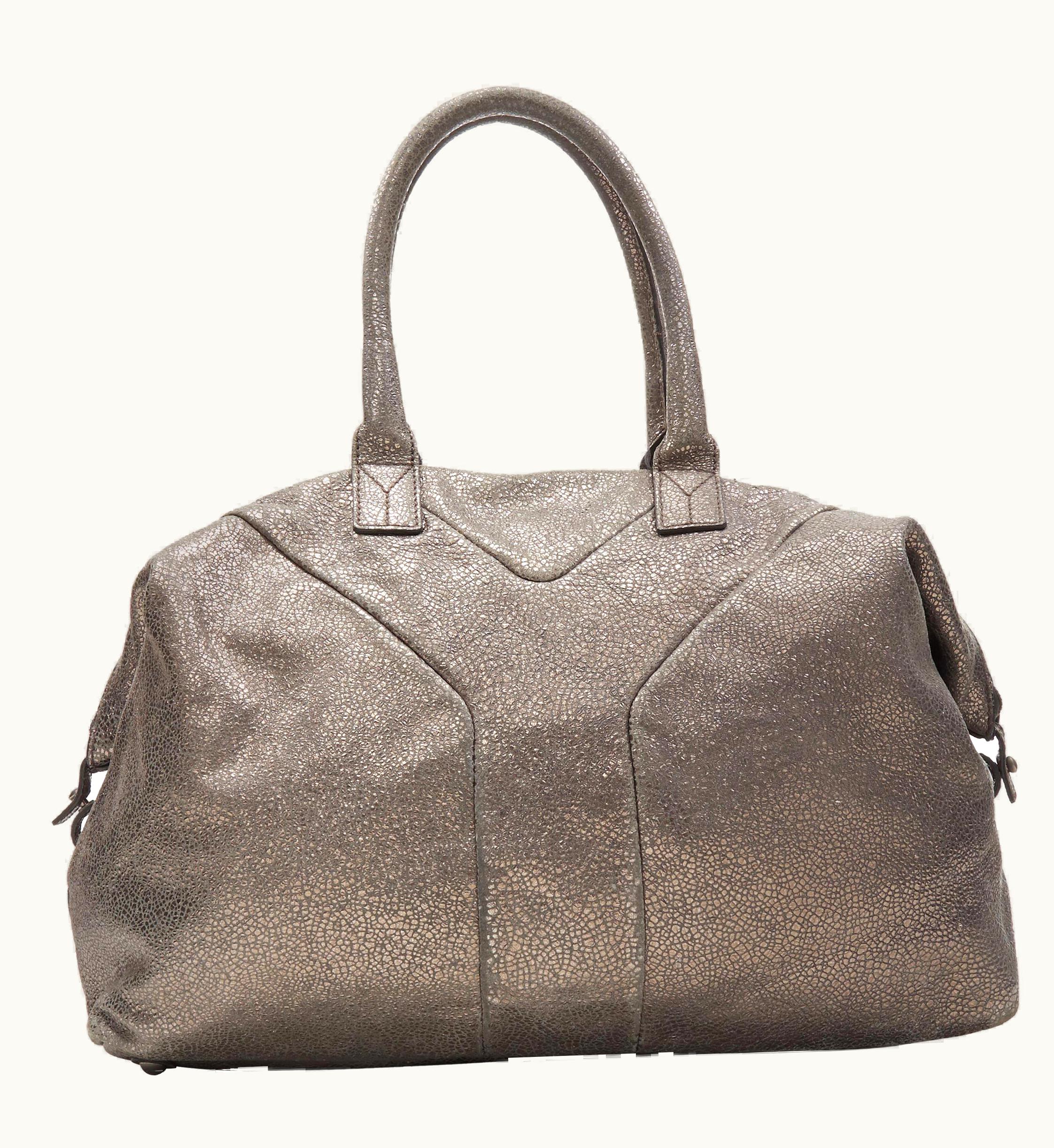 Saint Laurent Yves Saint Lauren Easy Y Metallic Silver Leather Top Handle Shoulder Boston Bag