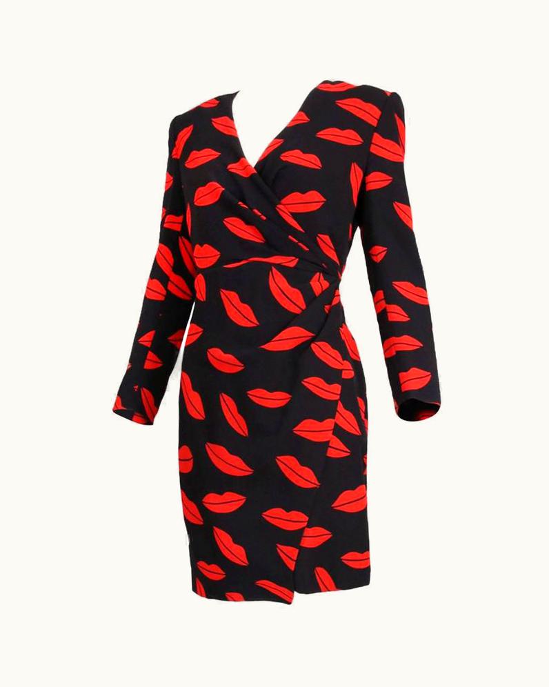 Saint Laurent 2013 Saint Laurent By Hedi Slimane Silk Black & Red Lips Print Wrap Dress Nwt