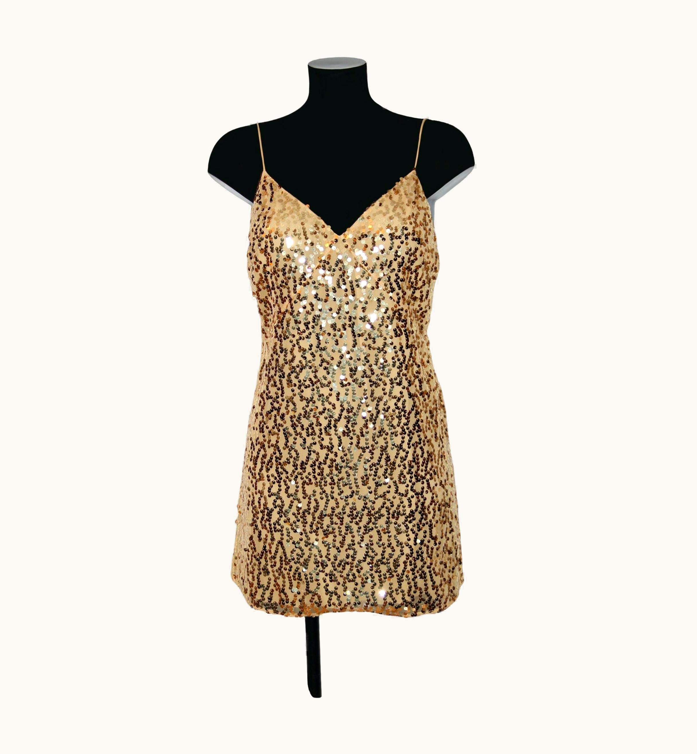 Saint Laurent Saint Laurent Gold Sequin Spaghetti Strap Lingerie Mini Dress