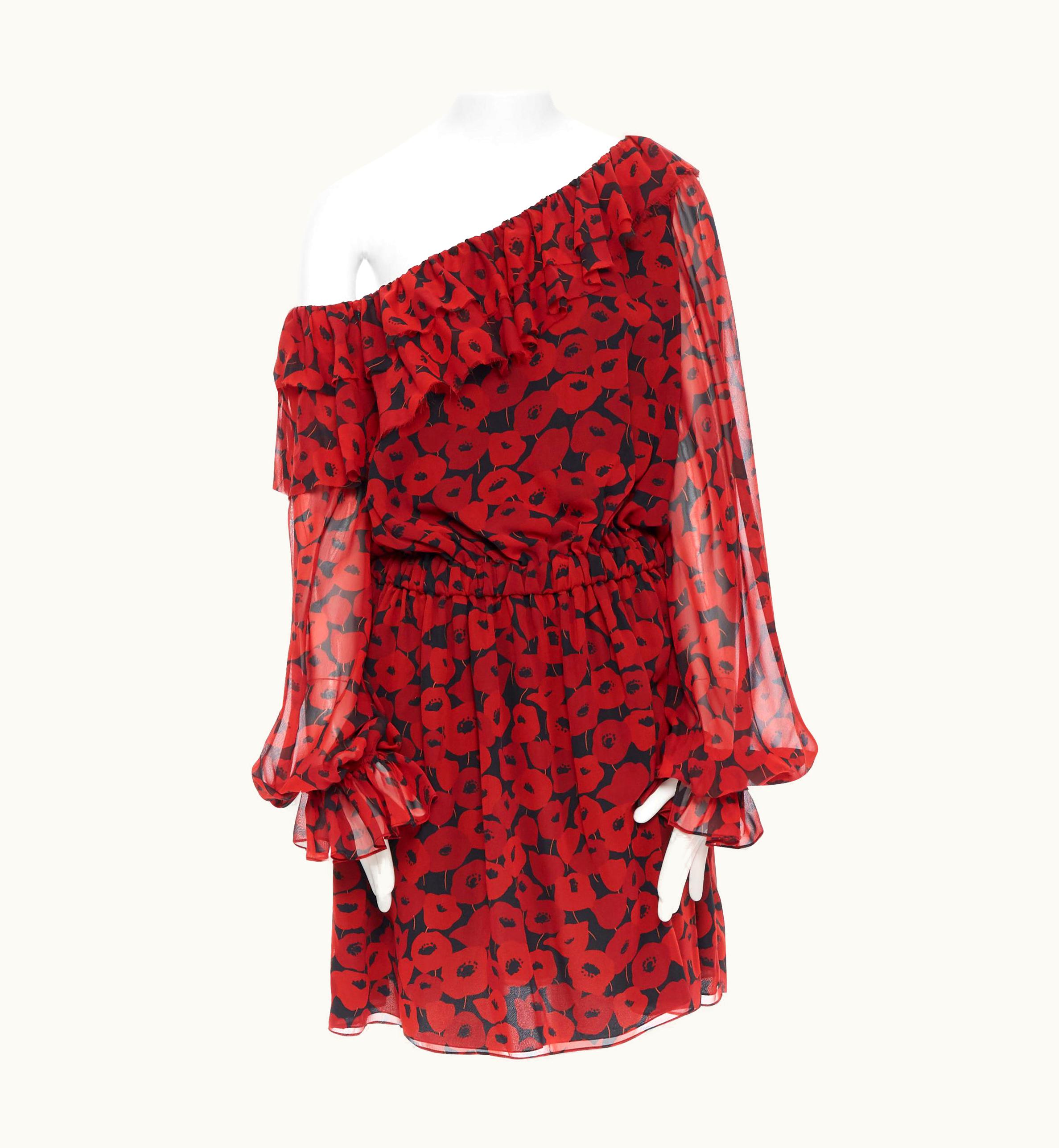 Saint Laurent Saint Laurent Red Poppy Print Silk Georgette Off Shoulder Ruffle Dress