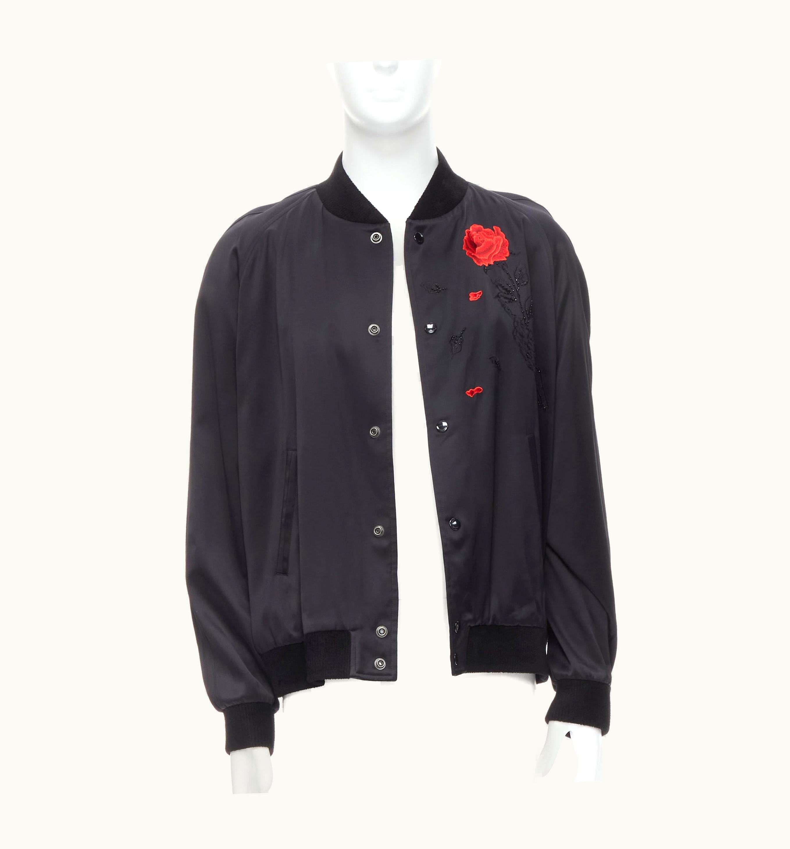 Saint Laurent Saint Laurent 2018 Teddy Black Skeleton Red Rose Embroidery Bomber