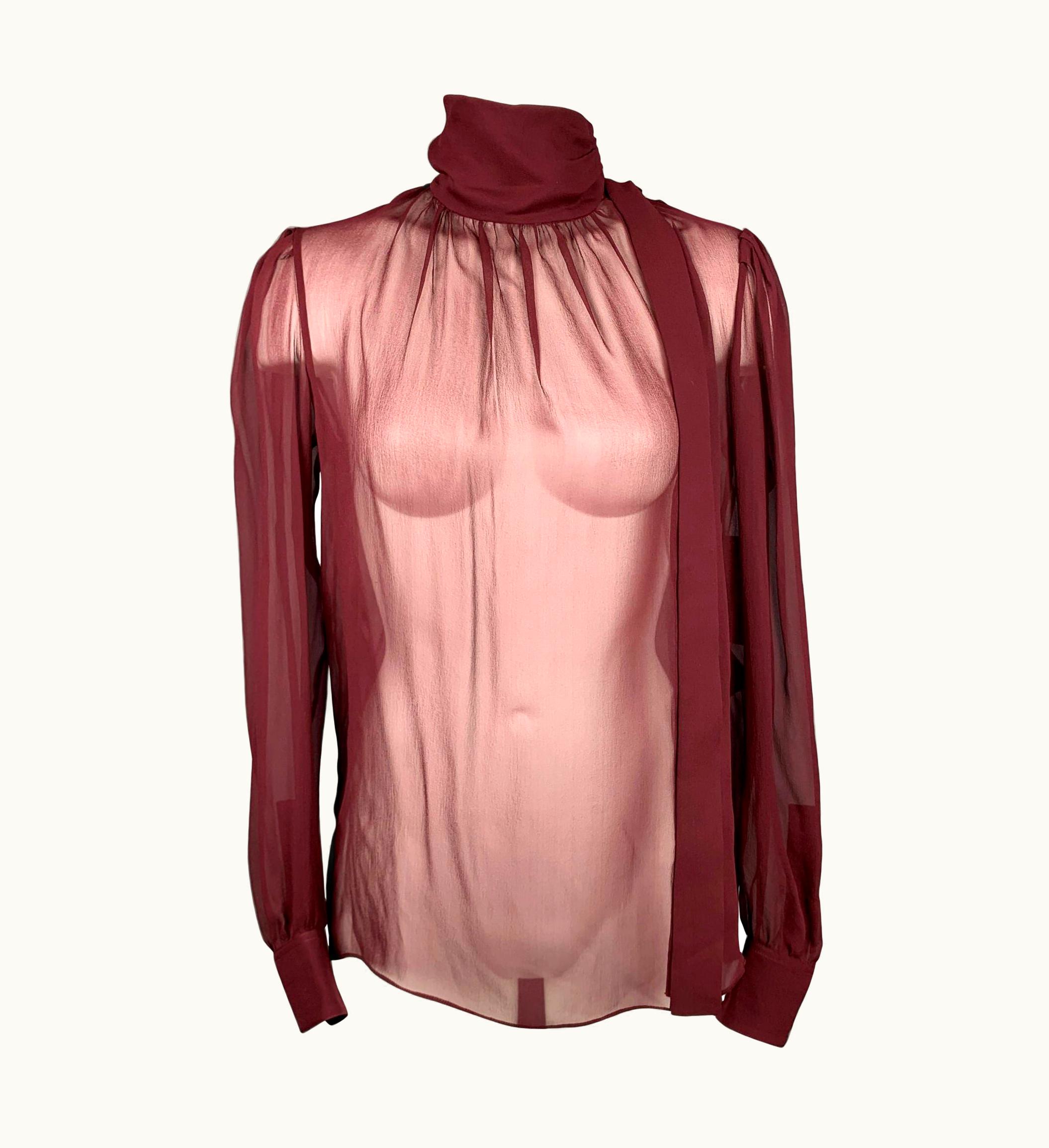 Saint Laurent Saint Laurent S/S 2021 S/S 36 Burgundy Sheer Silk Crepe Turtleneck Blouse