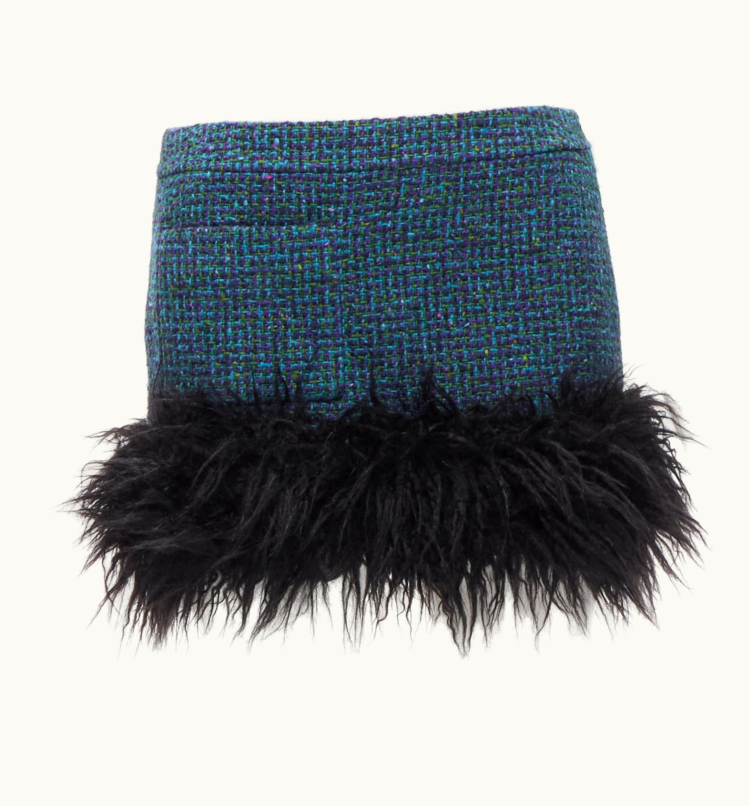 Saint Laurent Saint Laurent 2022 Blue Tweed Faux Fur Trim Mini Skirt
