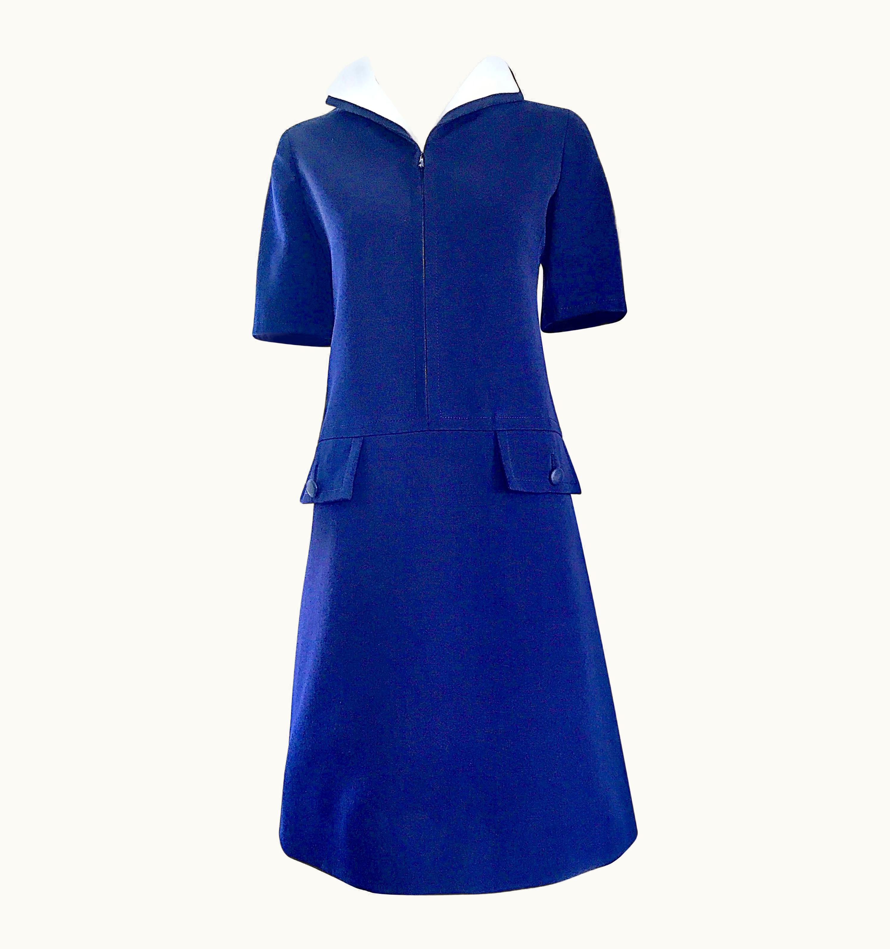 Saint Laurent Yves Saint Laurent Haute Couture Navy Blue And White Nautical Dress, 1960s