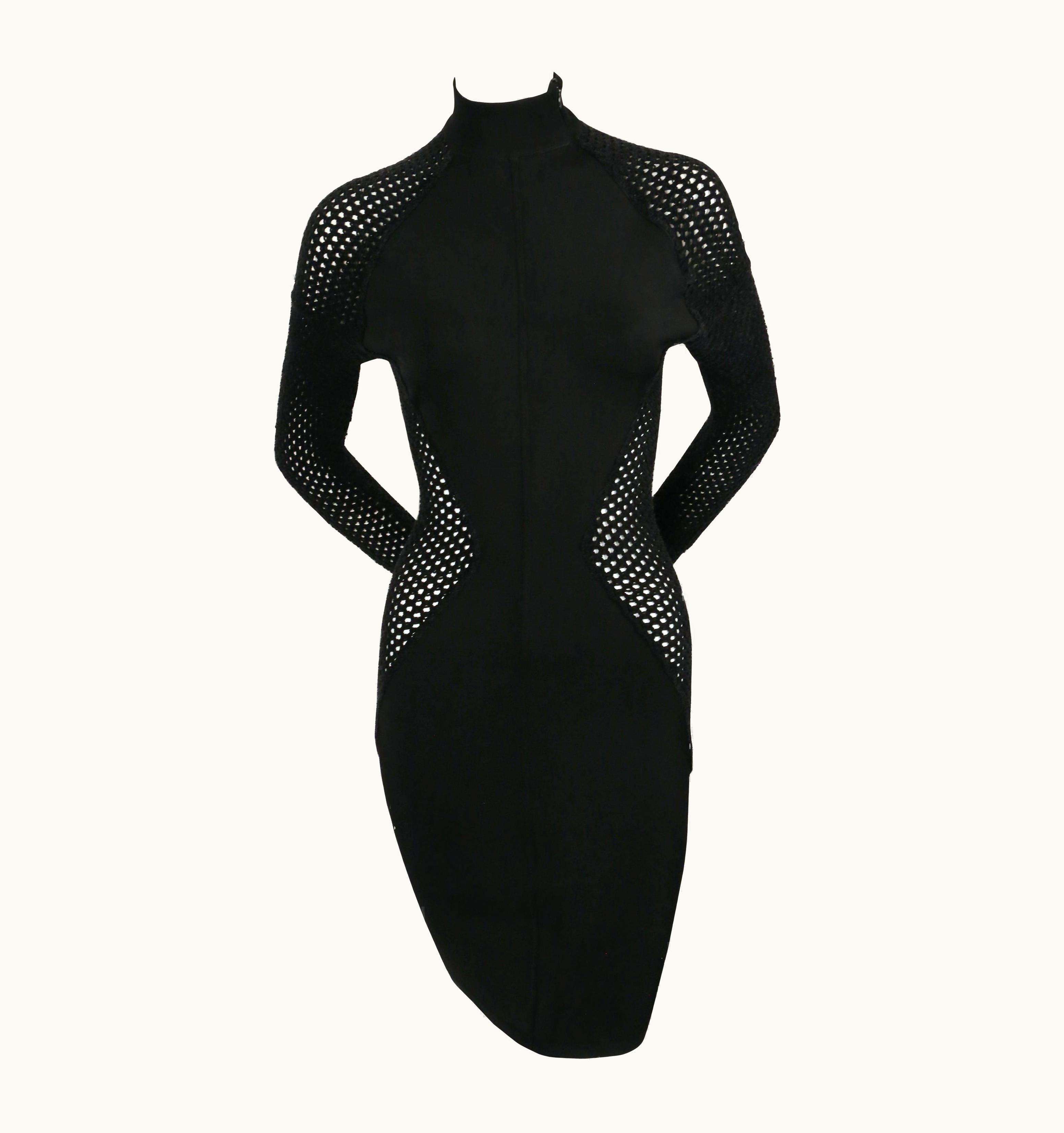 Alaia 1989 Azzedine Alaia Black Runway Dress With Sheer Chenille Panels