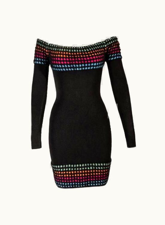 Alaia 1990s Azzedine Alaia Long Sleeve Lbd With Rainbow Woven Neckline Mini Dress