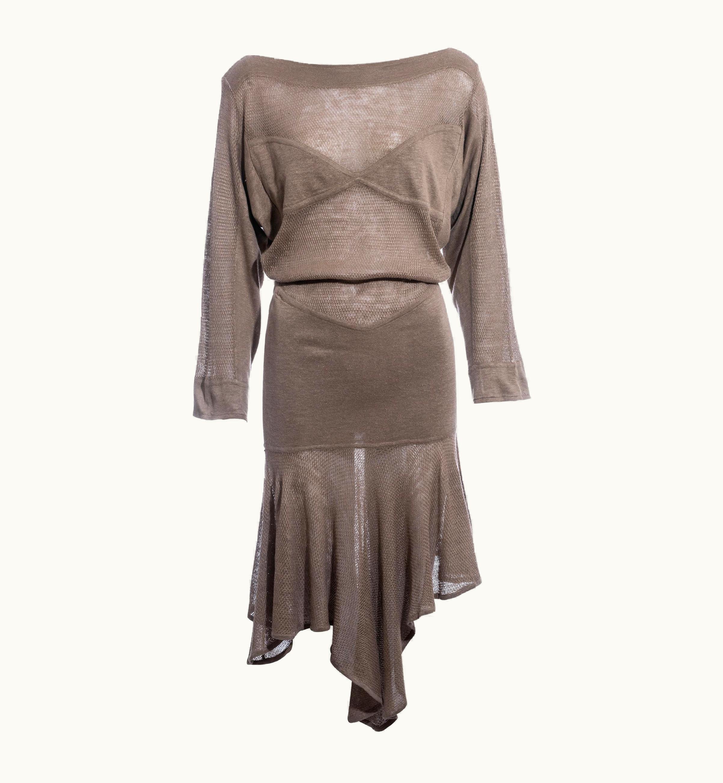 Alaia Azzedine Alaia Taupe Knitted Linen Mid-length Dress, S/S 1984