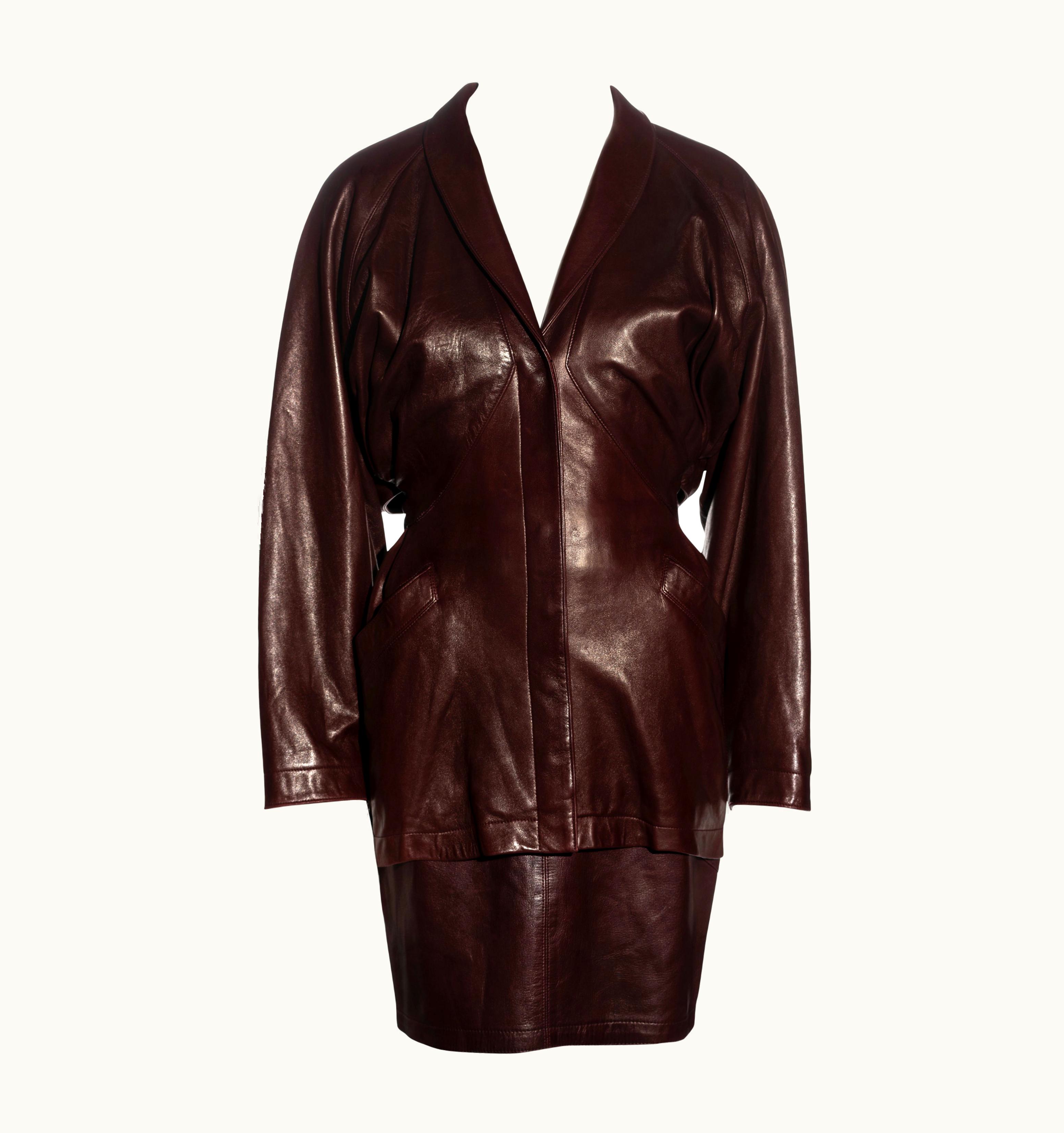 Alaia Azzedine Alaia Brown Leather Jacket And Skirt Suit, AW 1984