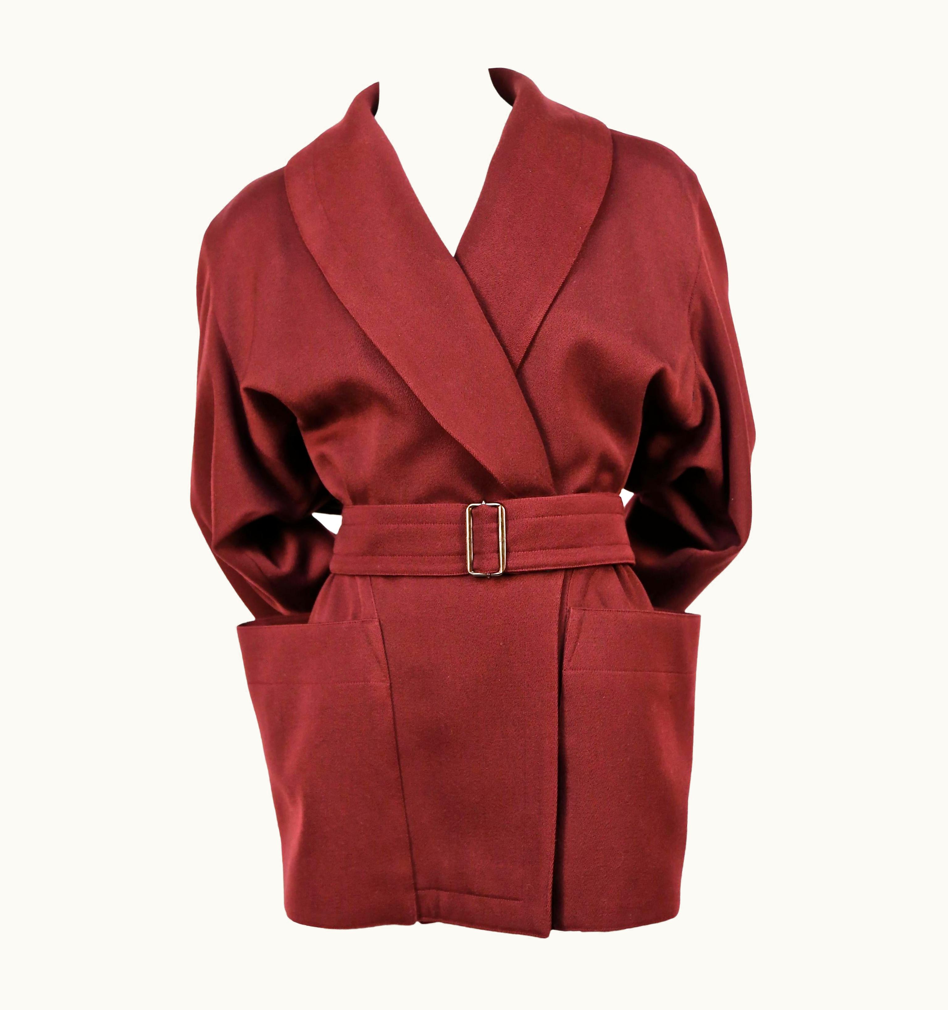 Alaia Azzedine Alaia Burgundy Gabardine Coat With Wrap Around Pockets, 1980s