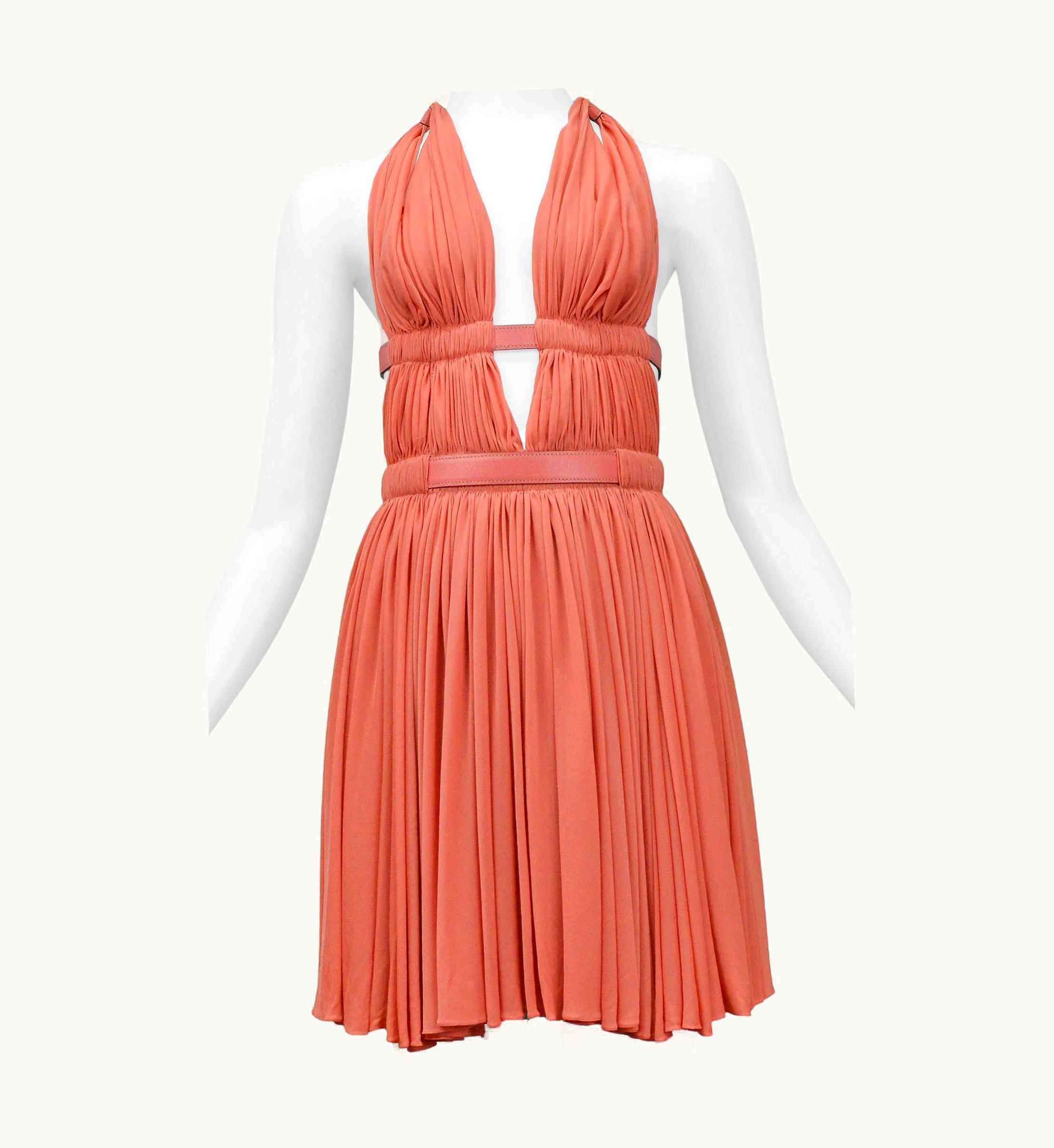 Alaia Rare Azzedine Alaia Coral Halter Bondage Dress With Leather Straps 1991
