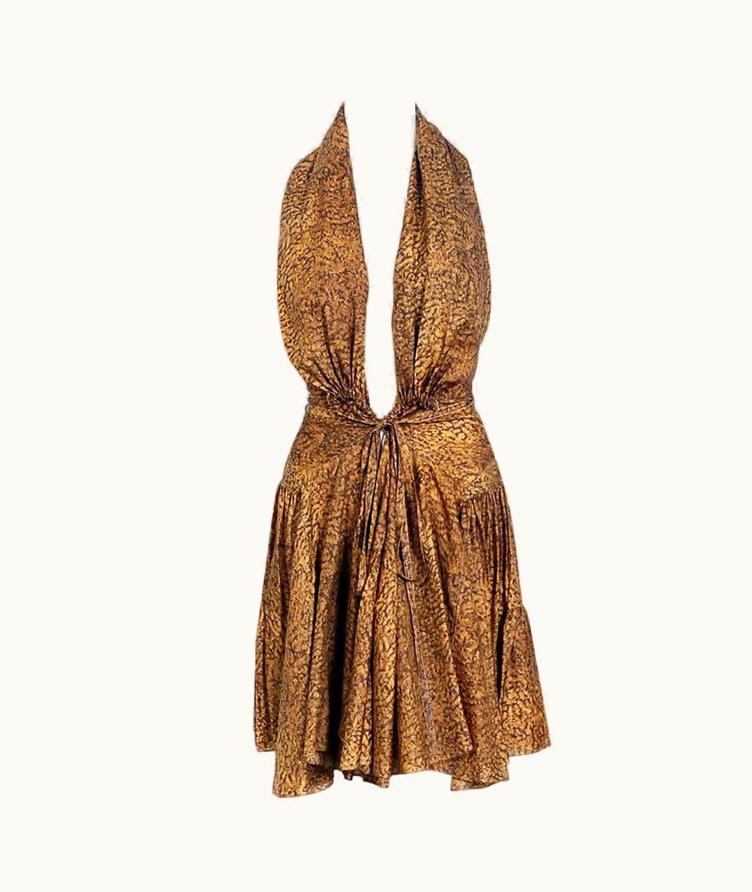 Alaia Vintage 1987 Azzedine Alaia Documented Golden Print Silk Backless Halter Dress