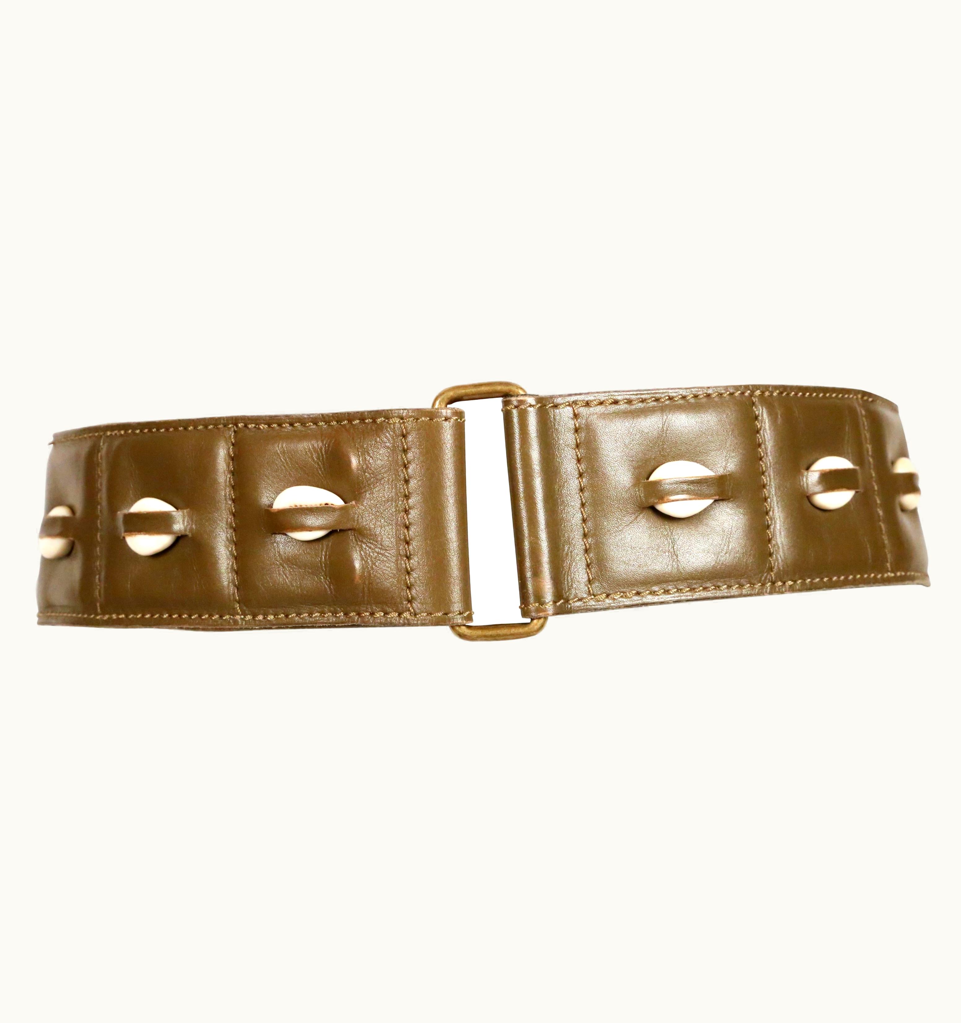 Alaia 1990 Azzedine Alaia Olive Green Leather Runway Belt With Cowrie Shells