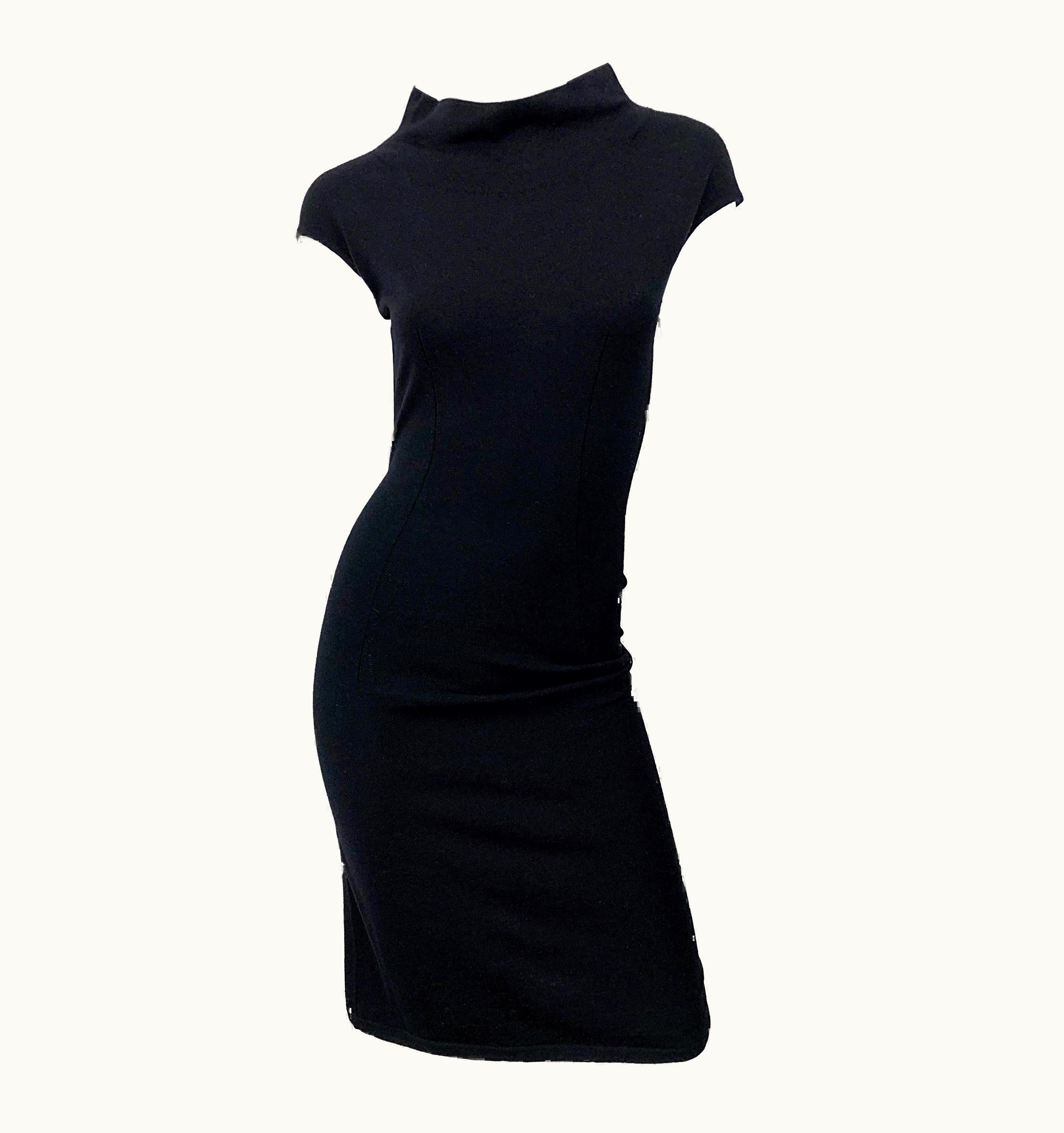 Alaia Vintage Azzedine Alaia 1980s Black Lightweight Wool Cap Sleeve Bodycon 80s Dress