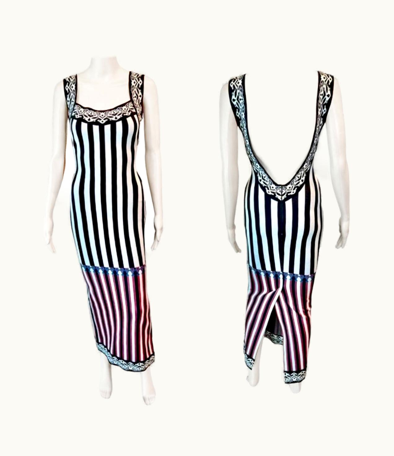 Alaia Azzedine Alaia S/S 1992 Runway Vintage Striped Bodycon Backless Maxi Dress