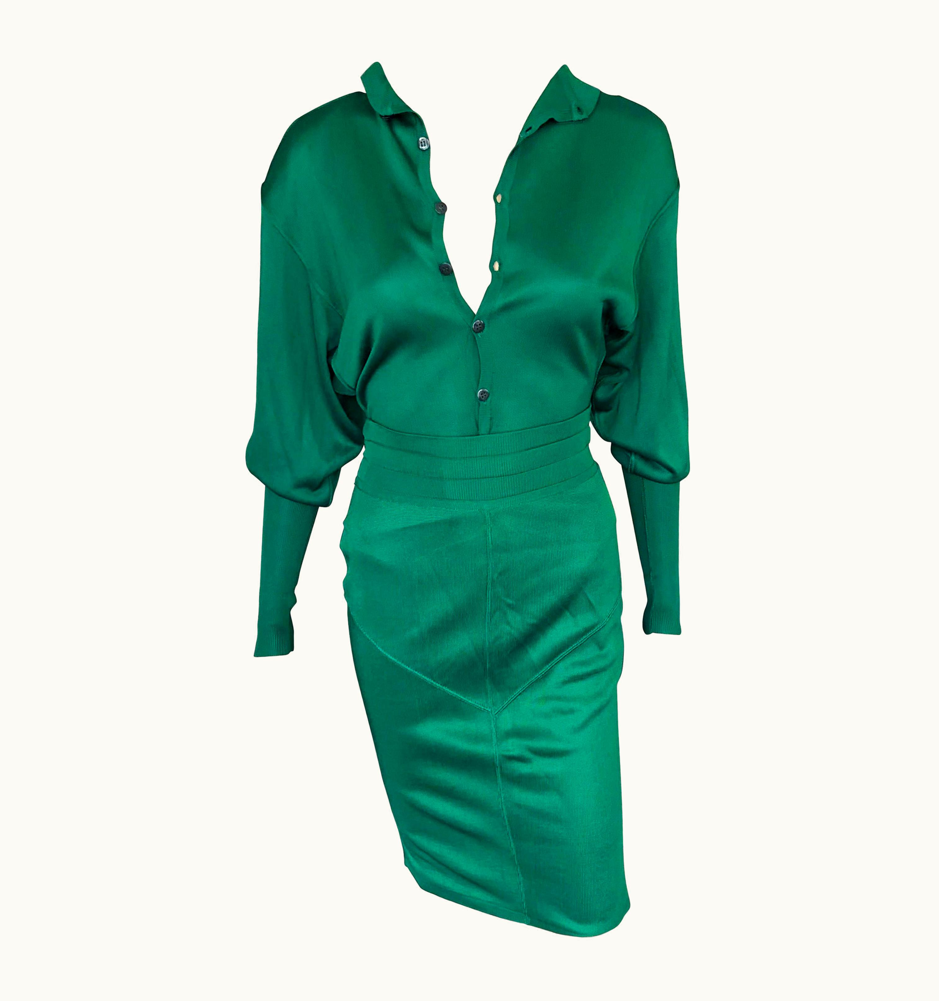 Alaia Azzedine Alaia Vintage Green Knit Skirt And Bodysuit Top 2 Piece Set