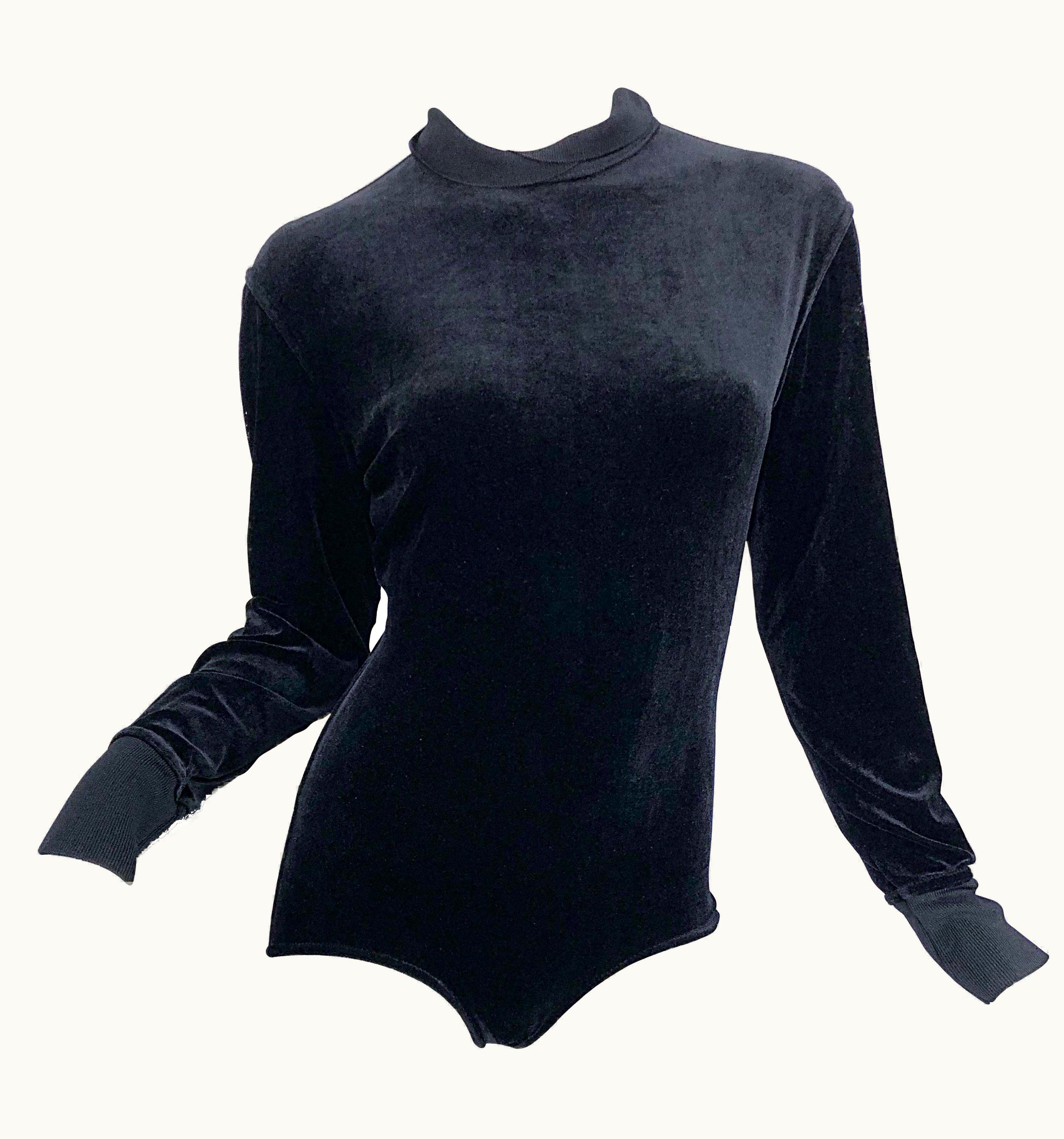 Alaia 1980s Azzedine Alaia Black Stretch Velvet Bodycon Vintage 80s One Piece Bodysuit