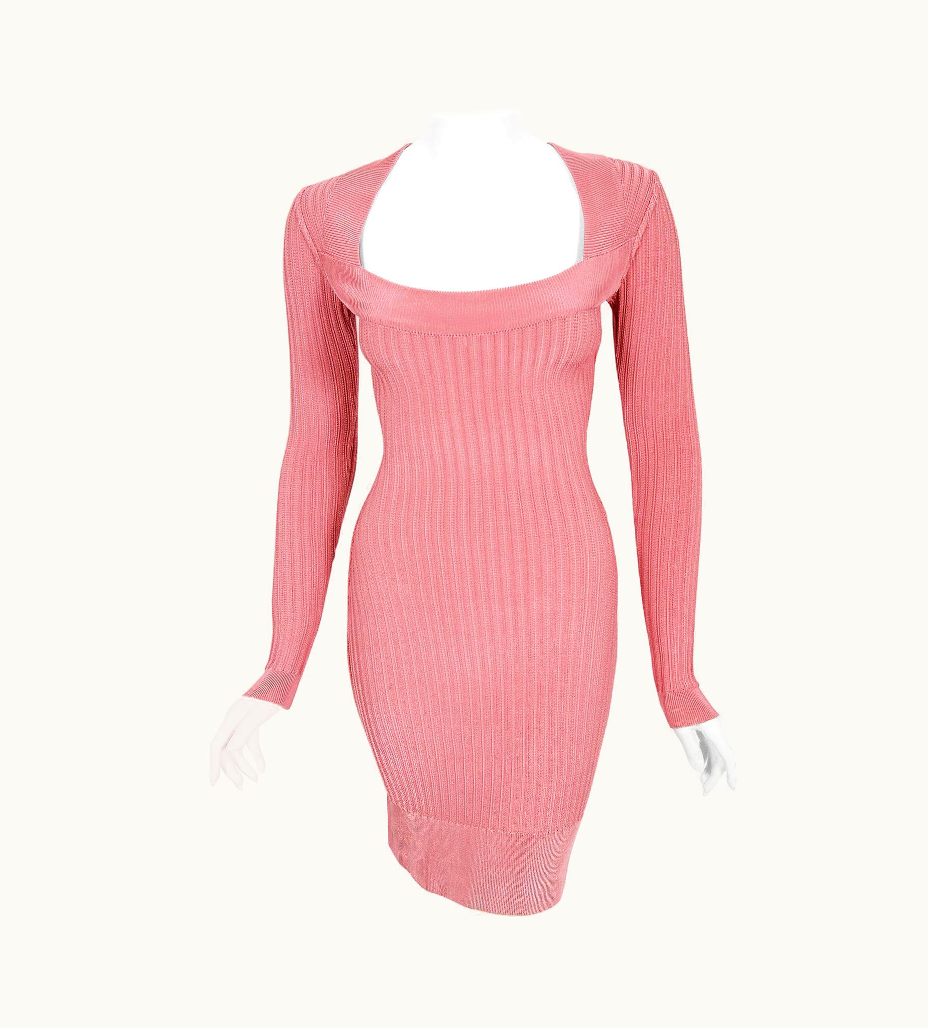 Alaia Vintage 1990 Azzedine Alaia Blush-Pink Ribbed Knit Long Sleeve Bodycon Dress