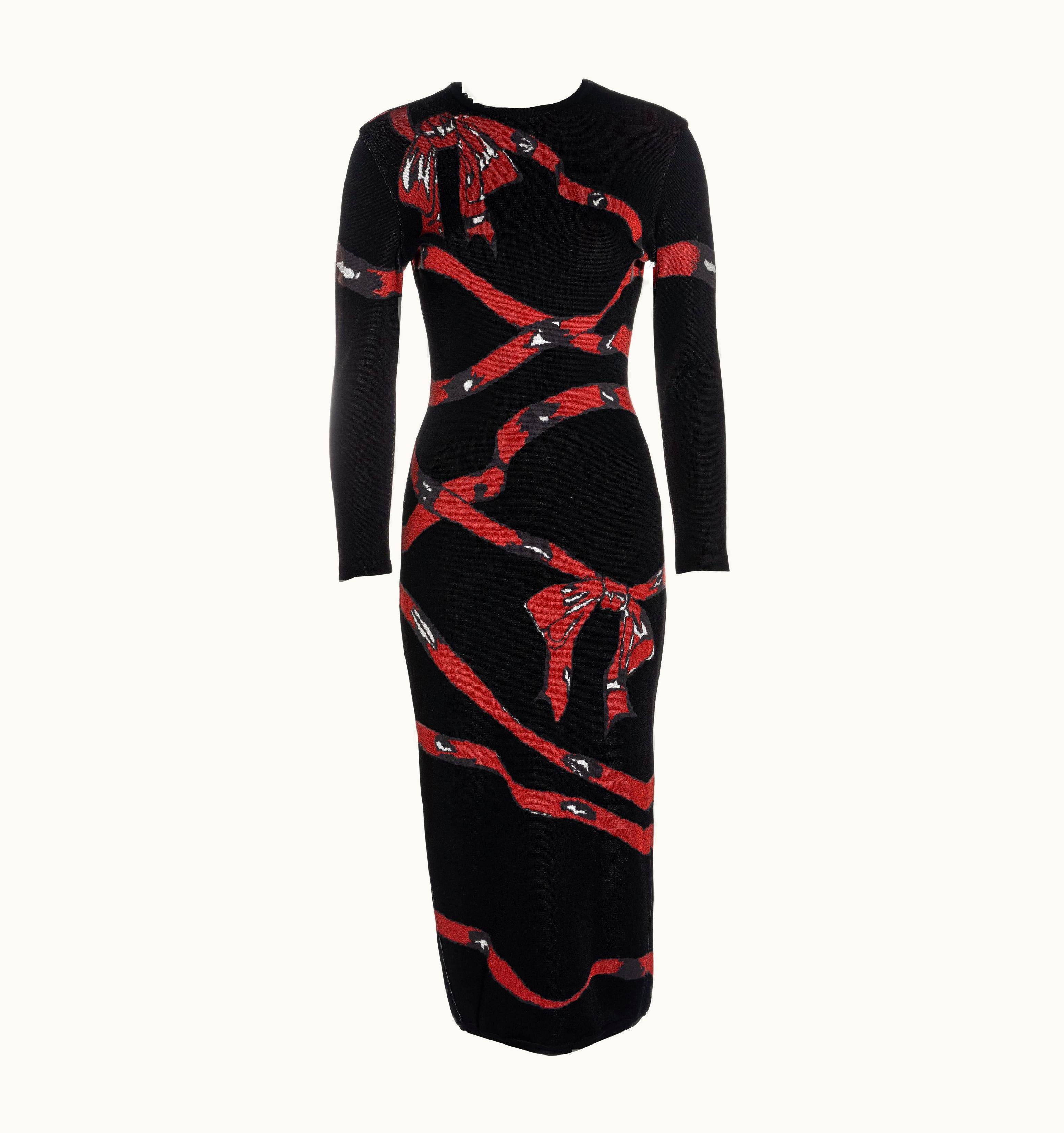Alaia Azzedine Alaia Black Knitted Bodycon Dress With Red Ribbon Graphic, AW 1992