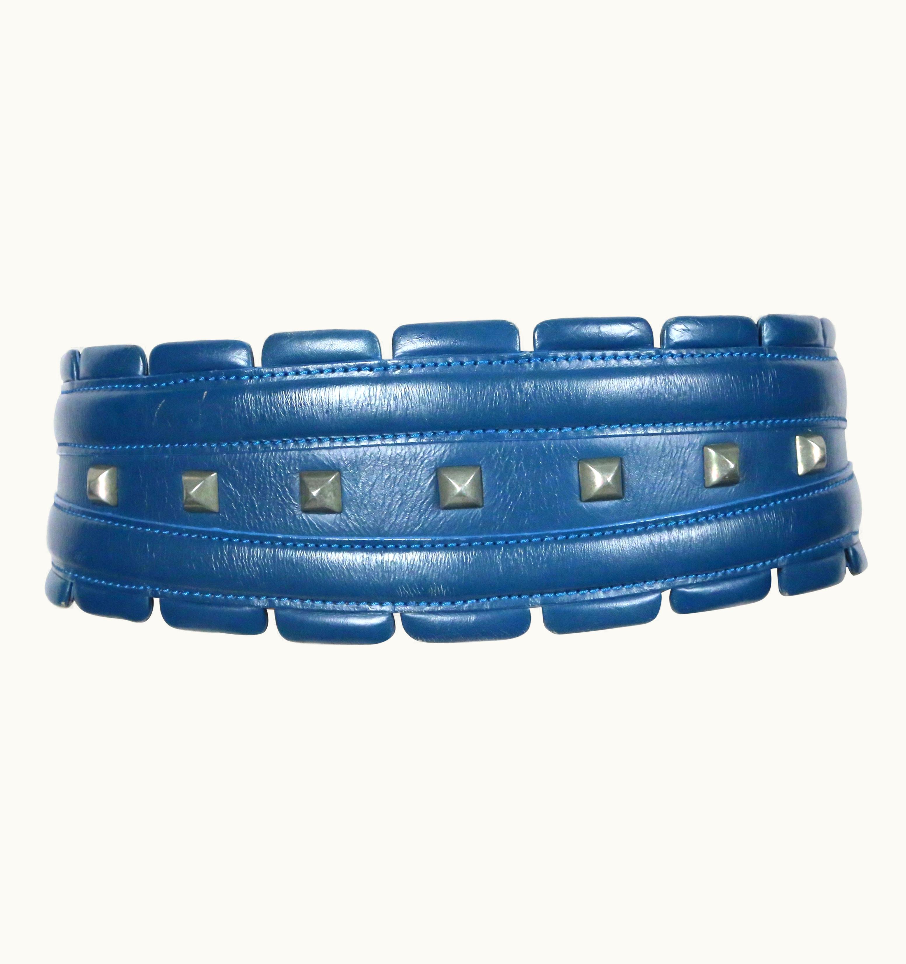 Alaia 1988 Azzedine Alaia Blue-green Leather Runway Belt With Gunmetal Pyramid Studs
