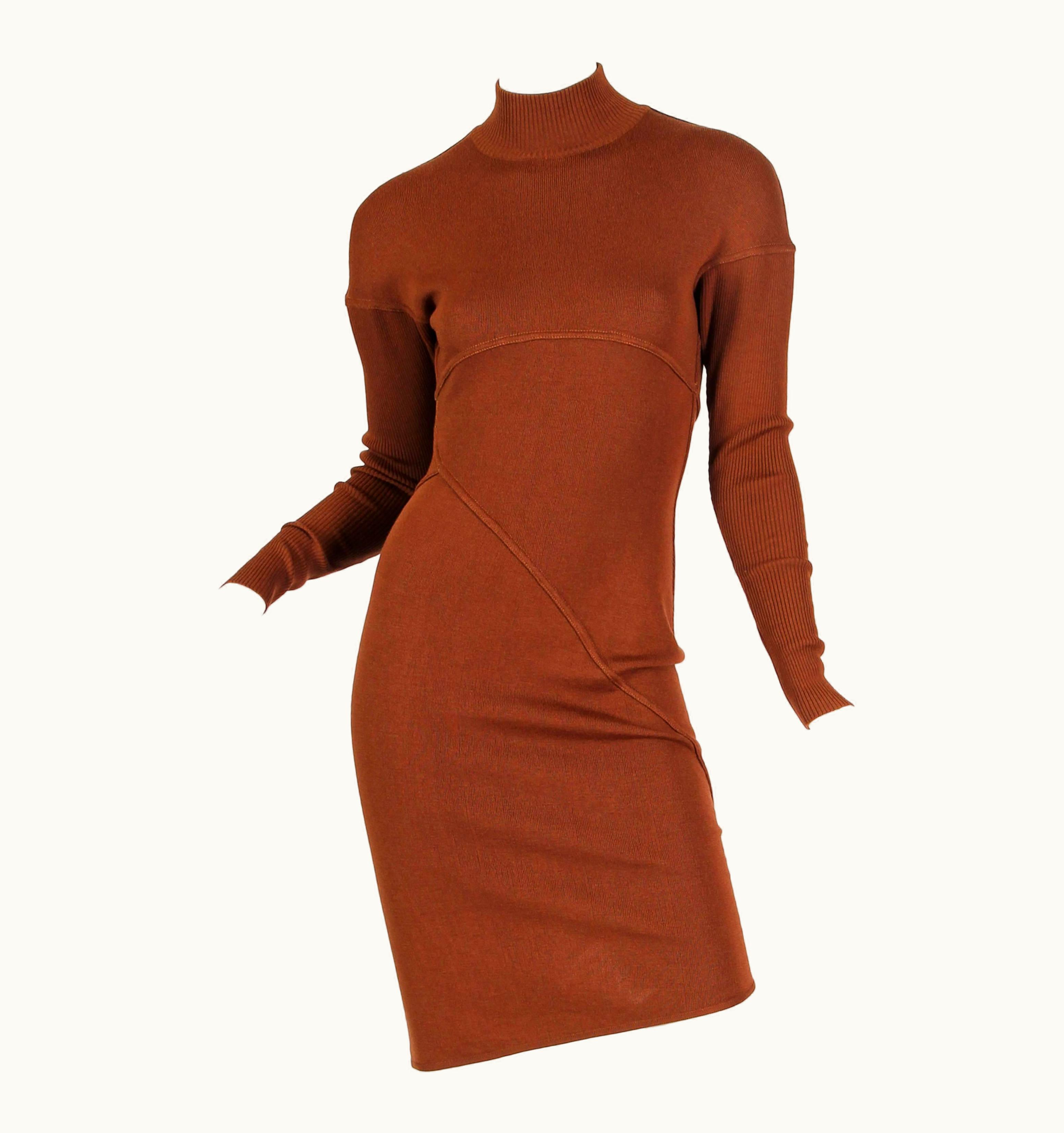 Alaia 1980s Azzedine Alaia Cinnamon Brown Wool Knit Turtleneck Body-Con Dress With Di