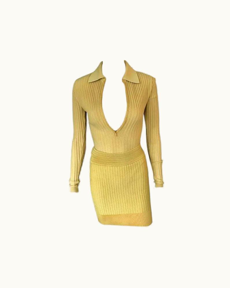 Alaia Azzedine Alaia Vintage Yellow Rib Knit Skirt And Bodysuit Top 2 Piece Set
