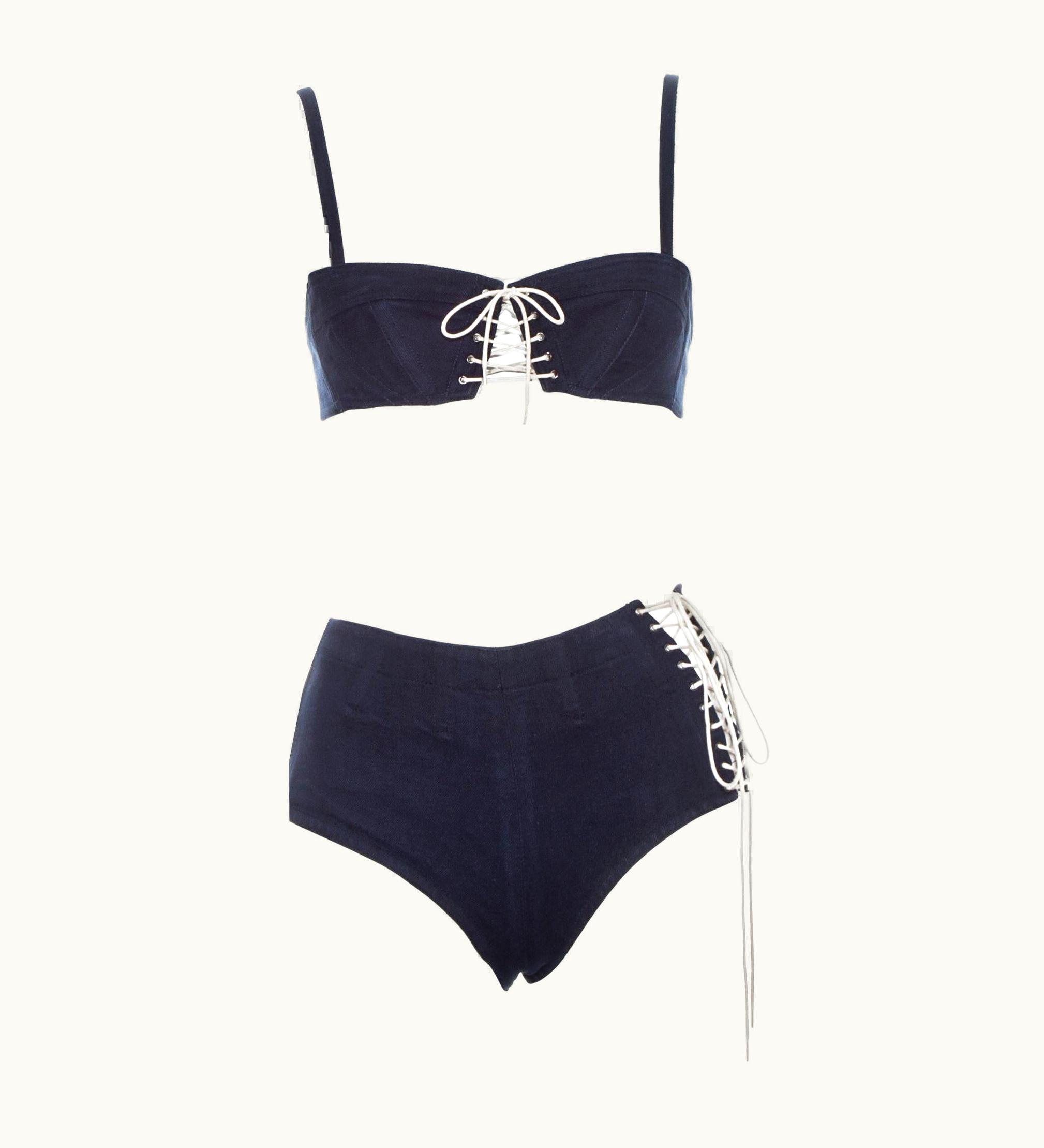 Alaia Azzedine Alaia Indigo Cotton Denim Lace Up Bra Top And Shorts, S/S 1991