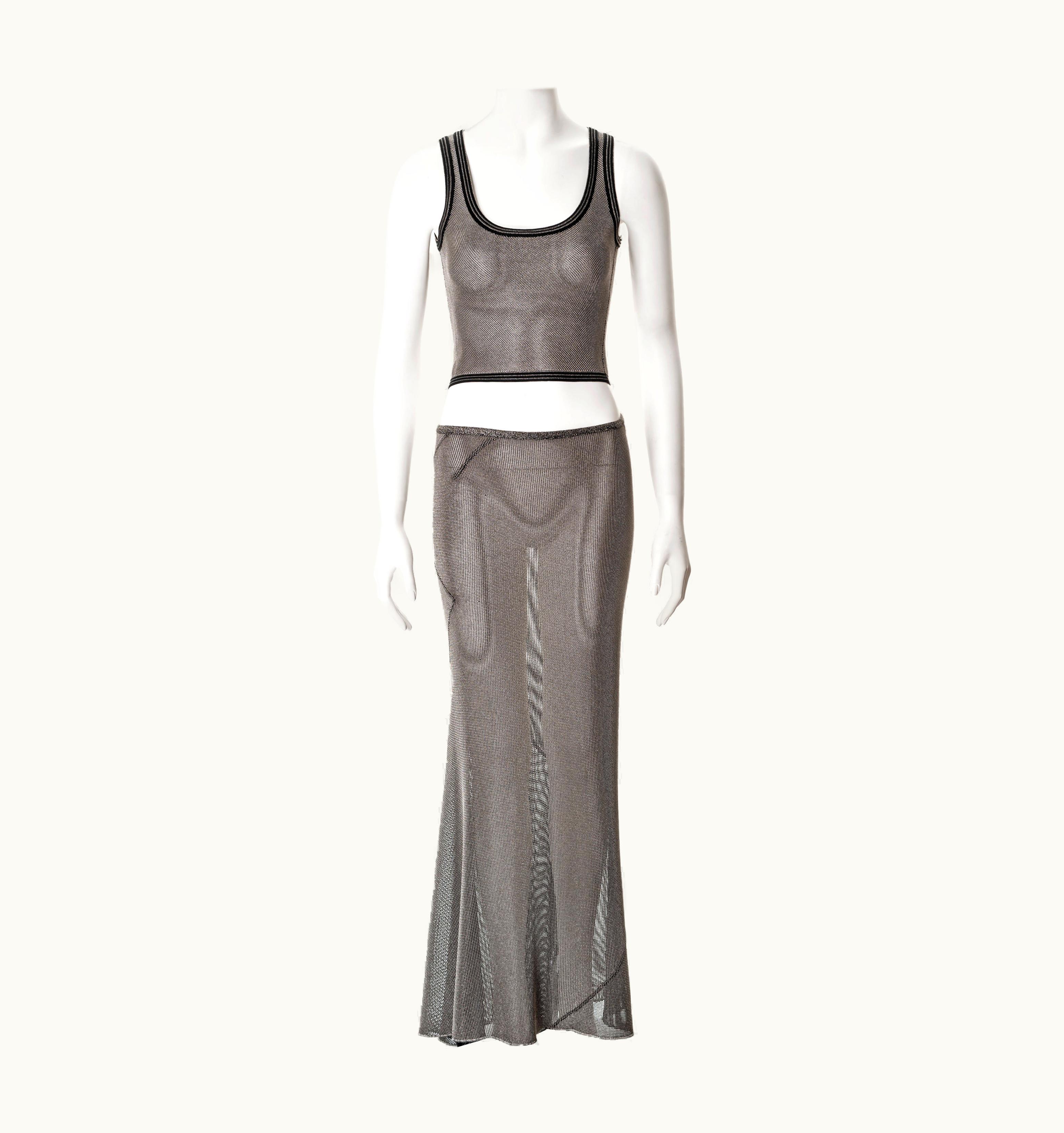 Alaia Azzedine Alaia Metallic Silver Lurex Crop Top And Maxi Skirt Set, AW 2001