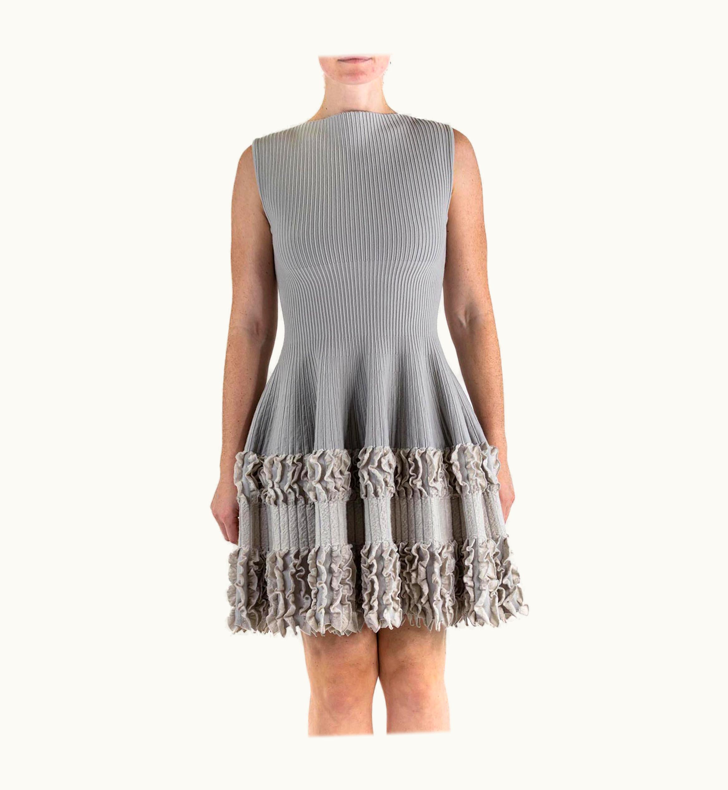 Alaia 2000s Azzedine Alaia Oyster Grey Wool Blend A Line Dress With Knit Bottom Deta
