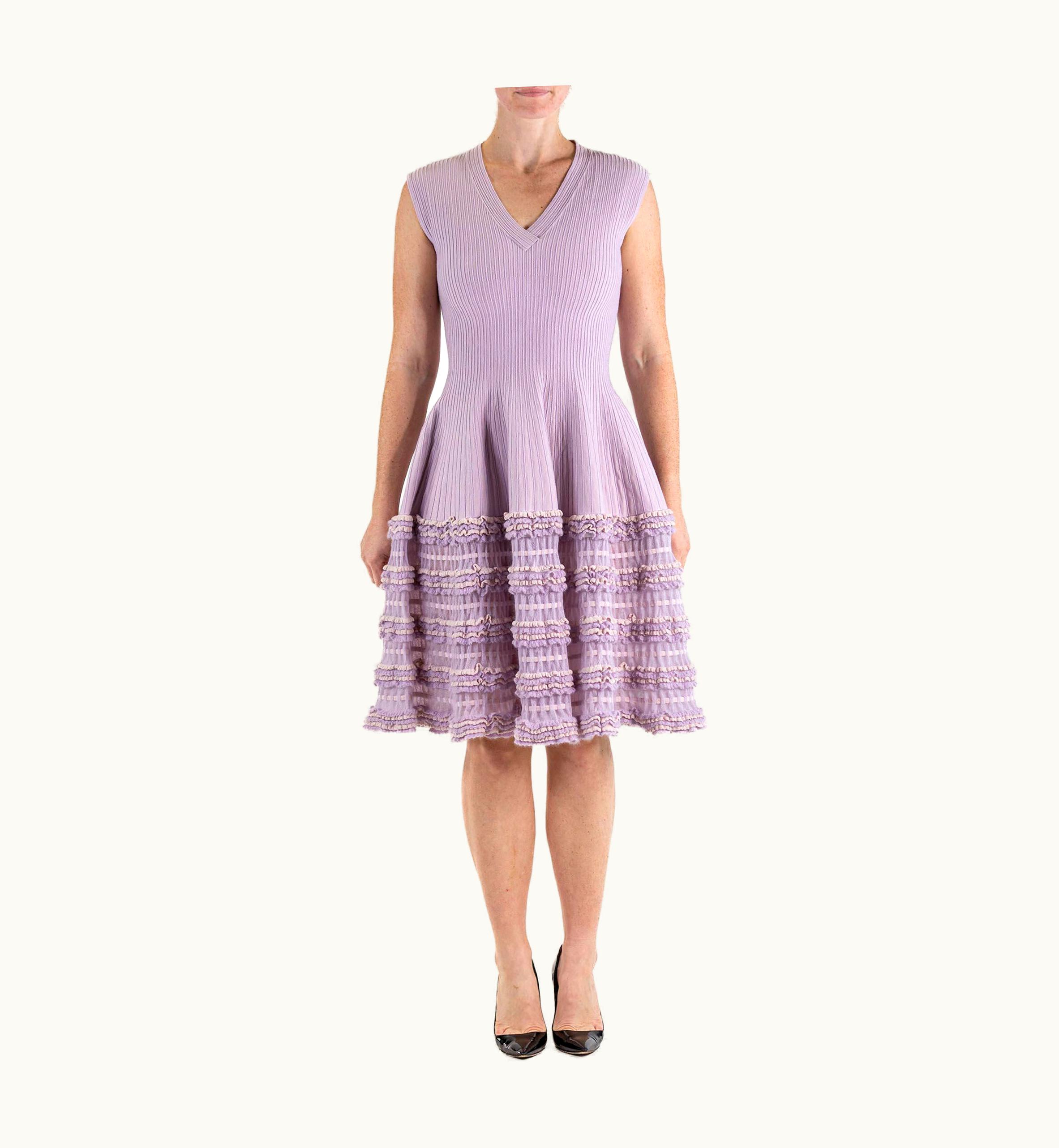 Alaia 2000s Azzedine Alaia Lilac Wool Blend V Neck A Line Dress Knit Ruffle Trim