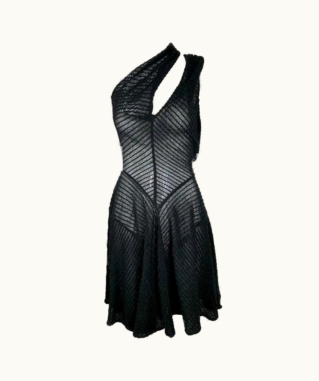 Alaia AW 1988 Azzedine Alaia Runway Sheer Black Cut-Out Or Cross Front Mini Dress UZ0587286