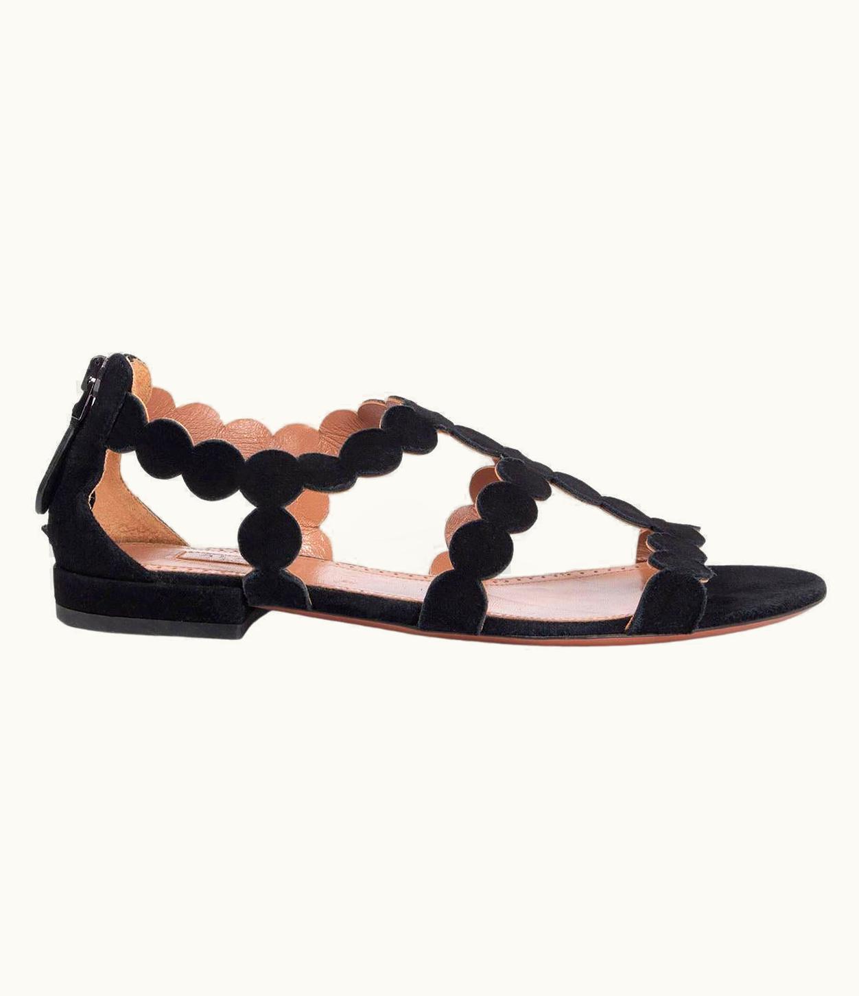 Alaia Alaia Black Suede Scalloped Flat Sandals Shoes