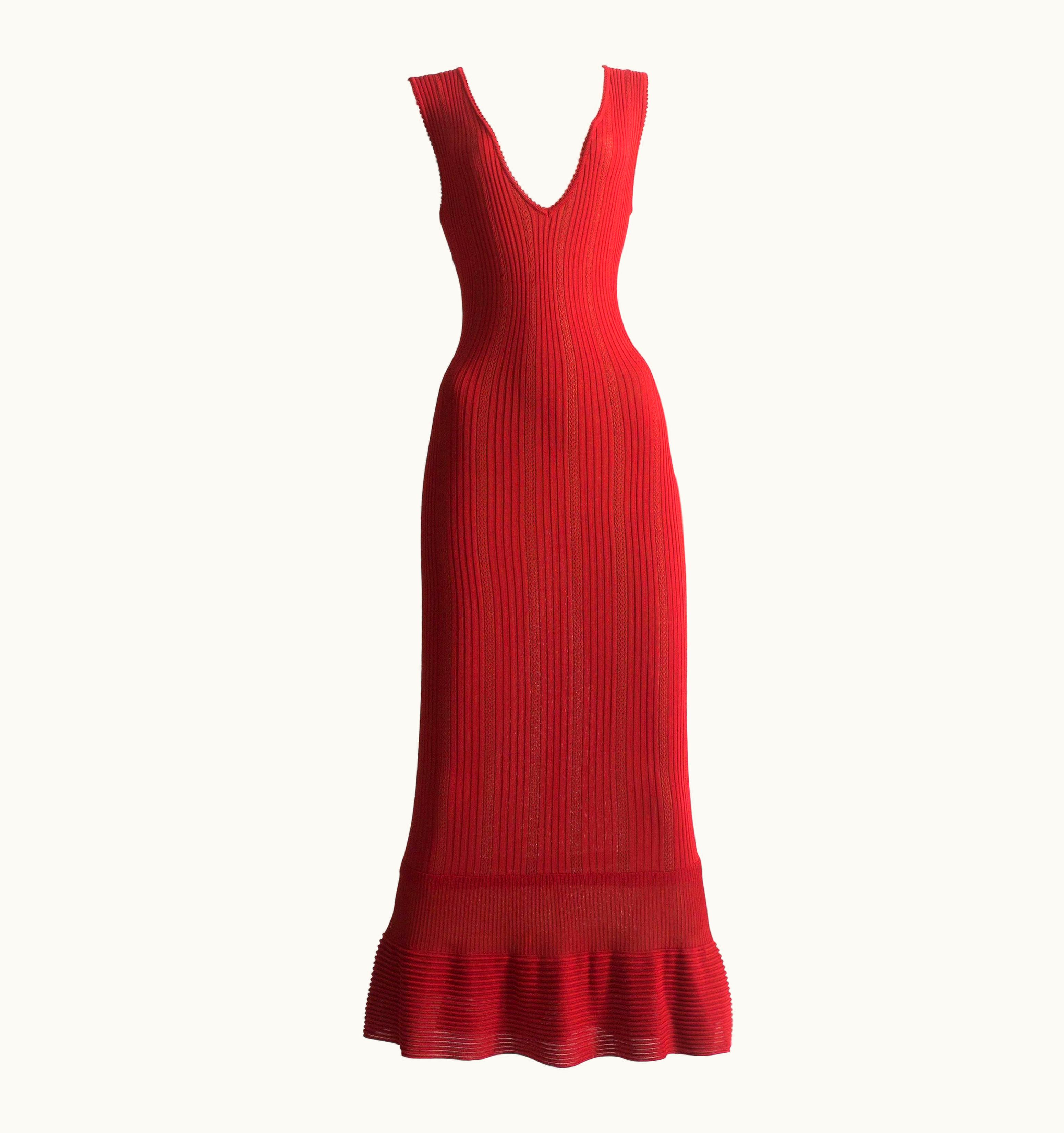 Alaia Alaia Red Ribbed Knit Fishtail Evening Dress, Circa 1990s