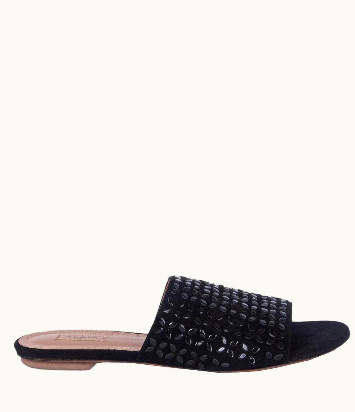 Alaia Alaia Black Suede & Leather Embellished Slides Sandals Shoes