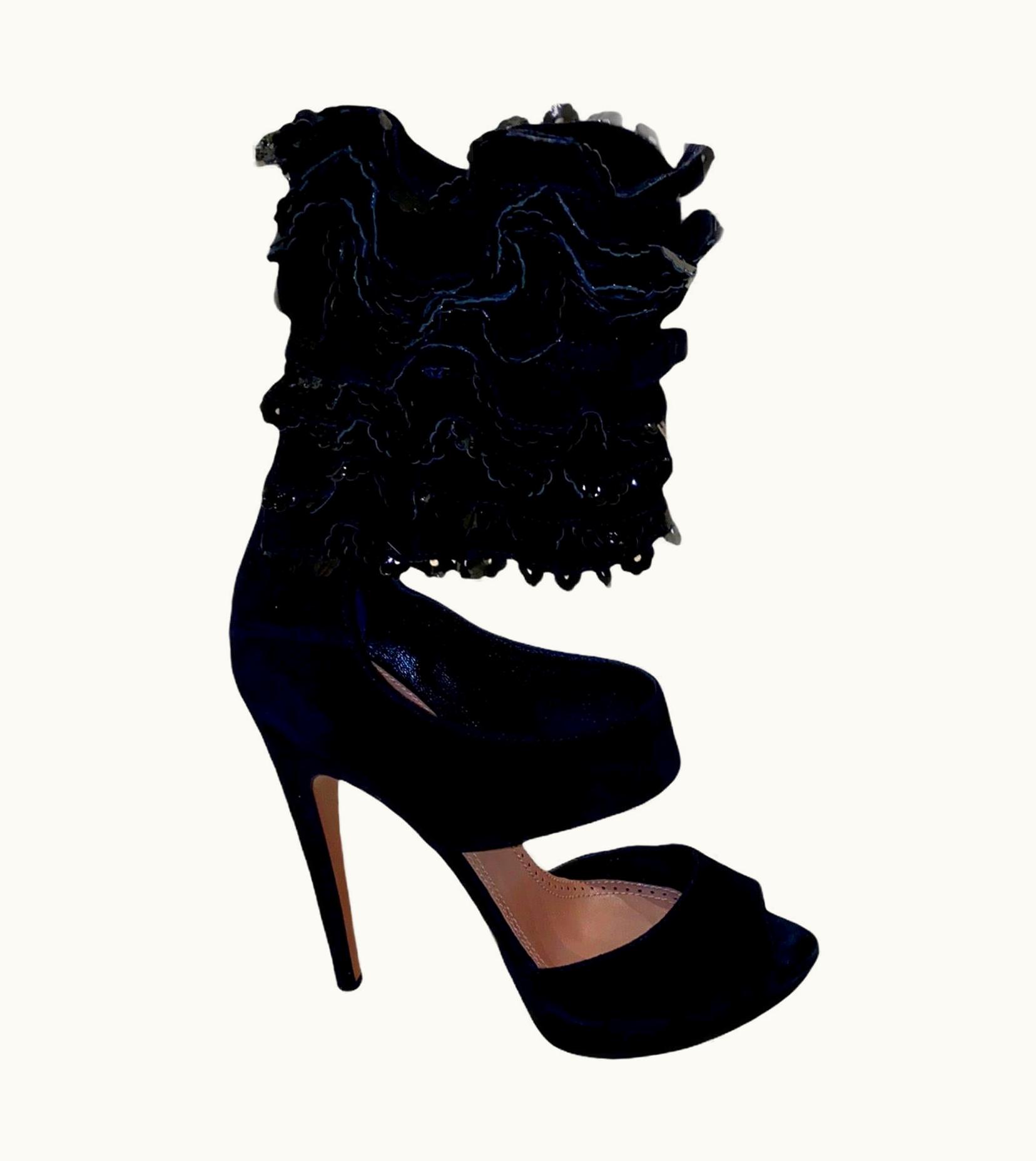 Alaia Unworn Alaia Black Suede Ruffle Platform Ankle Sandals High Heels