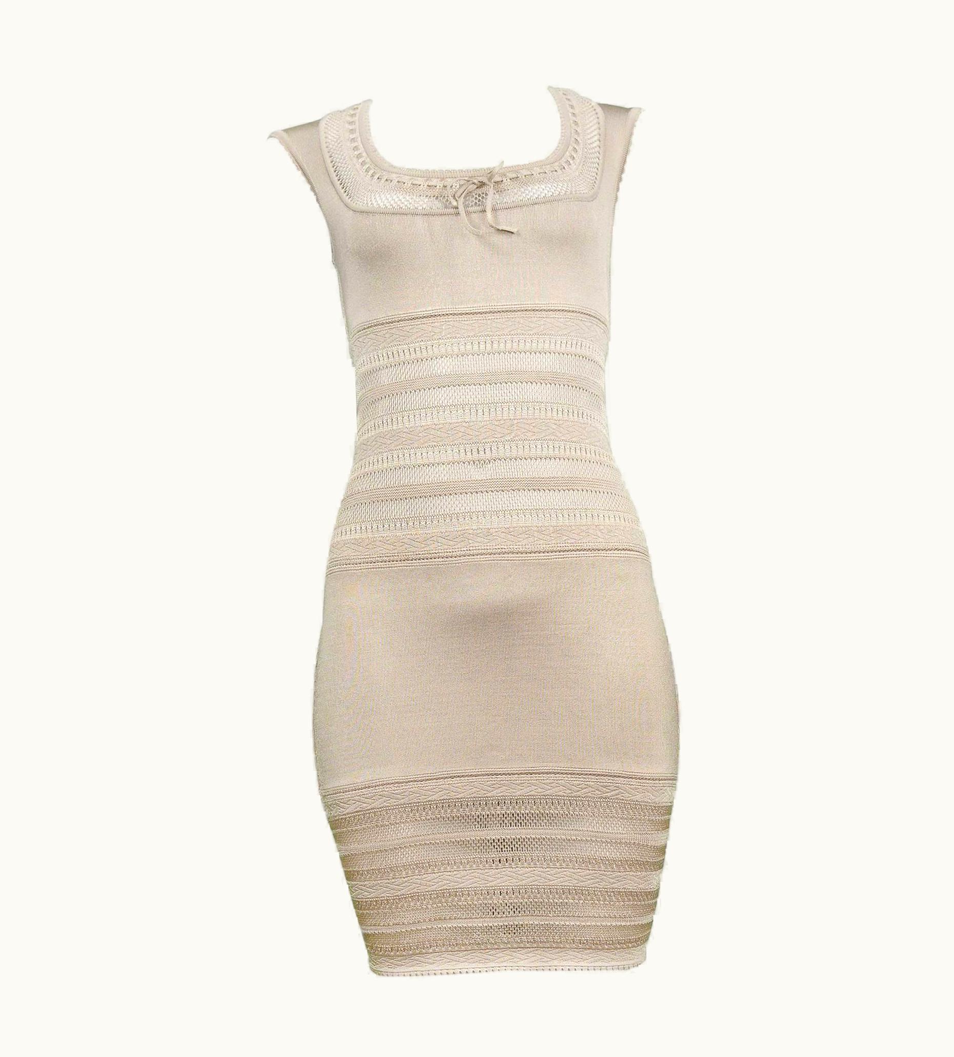 Alaia Iconic Vintage Alaia Neutral Tone Lace Bodycon Knit Dress 1990'